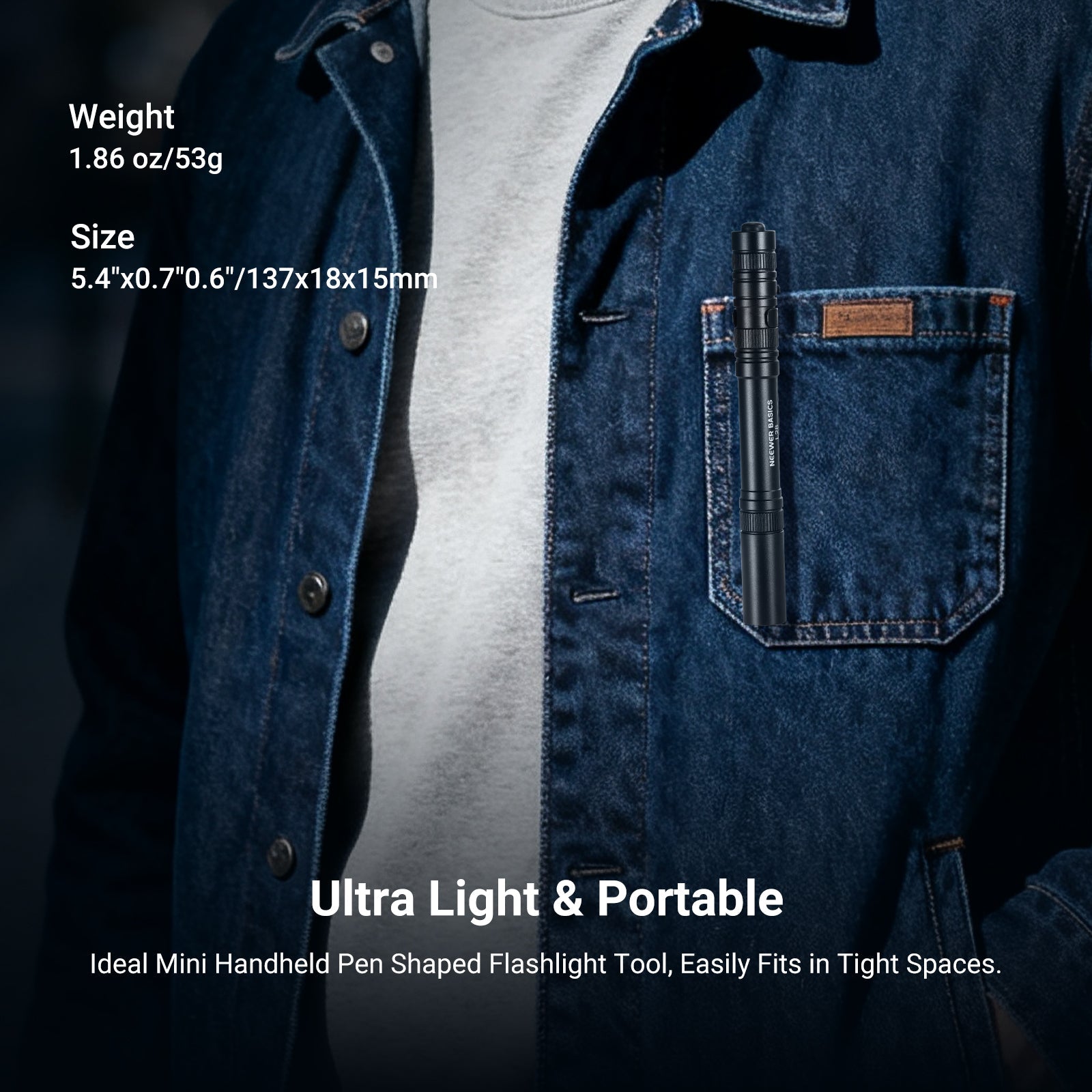 Weighing only 1.86oz and measuring 5.4"x0.7"0.6", this 5W compact and portable EDC flashlight easily fits into tight spaces for precise handling.