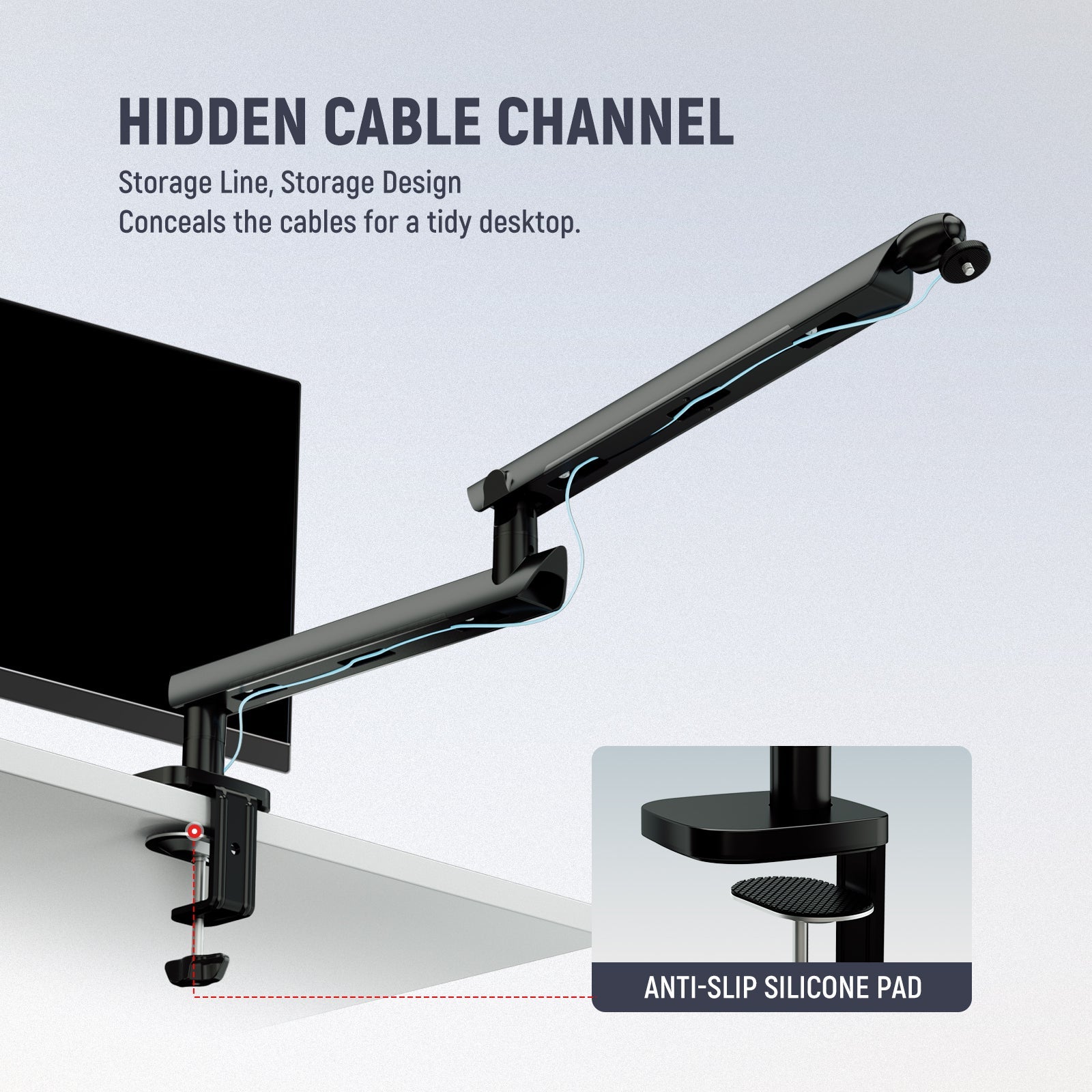 The tabletop mic boom arms feature built in cable channels