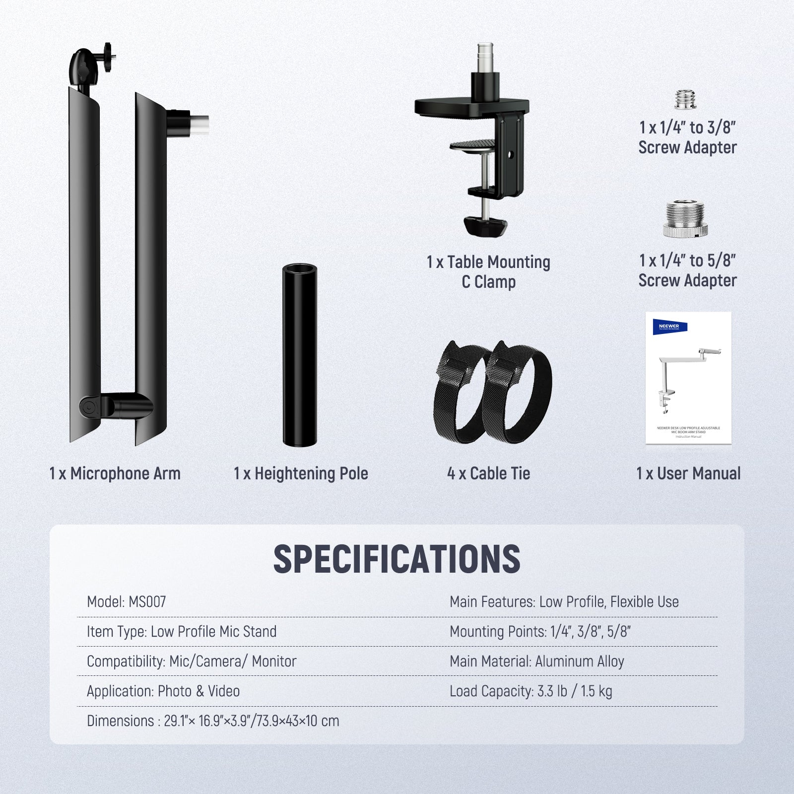 Package Contents of the NEEWER MS007 Microphone Boom Arm