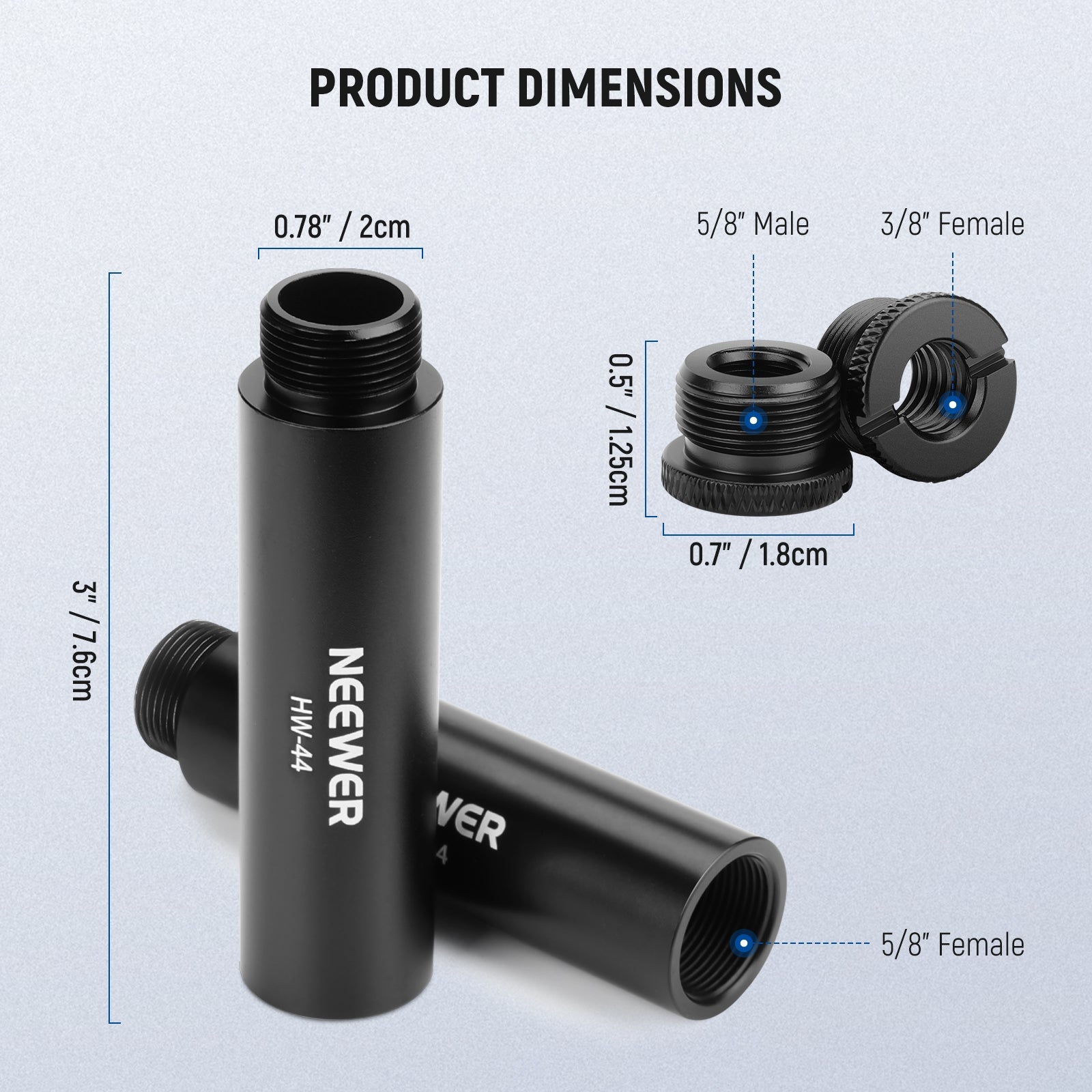 Product dimensions of the NEEWER HW-44 Mic Stand Extension Accessories