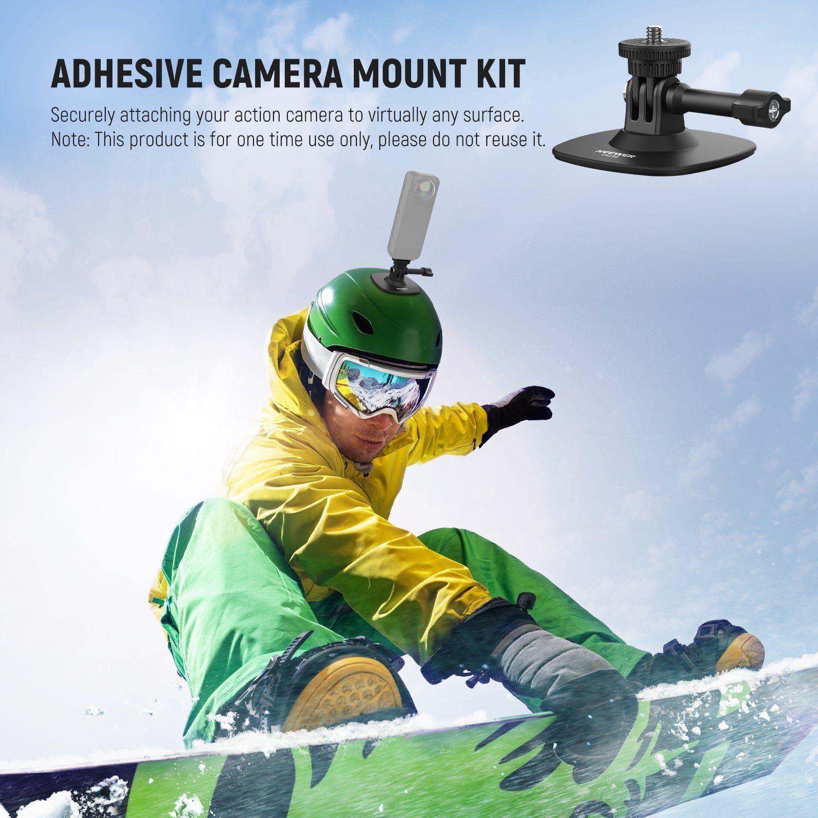 This action camera mount features an adhesive surface on the bottom