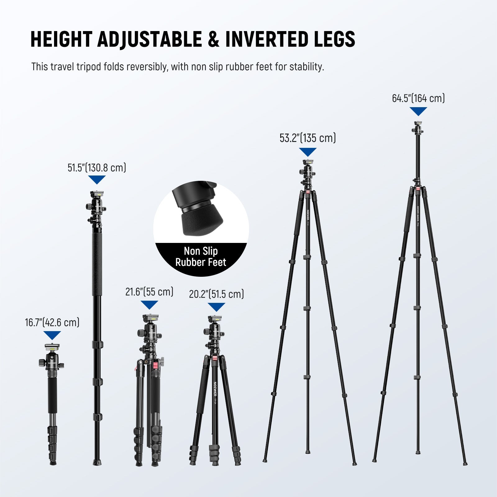 Featuring 5 section foldable legs, this professional heavy duty travel tripod for smartphone & camera extends up to 64.5"/164cm