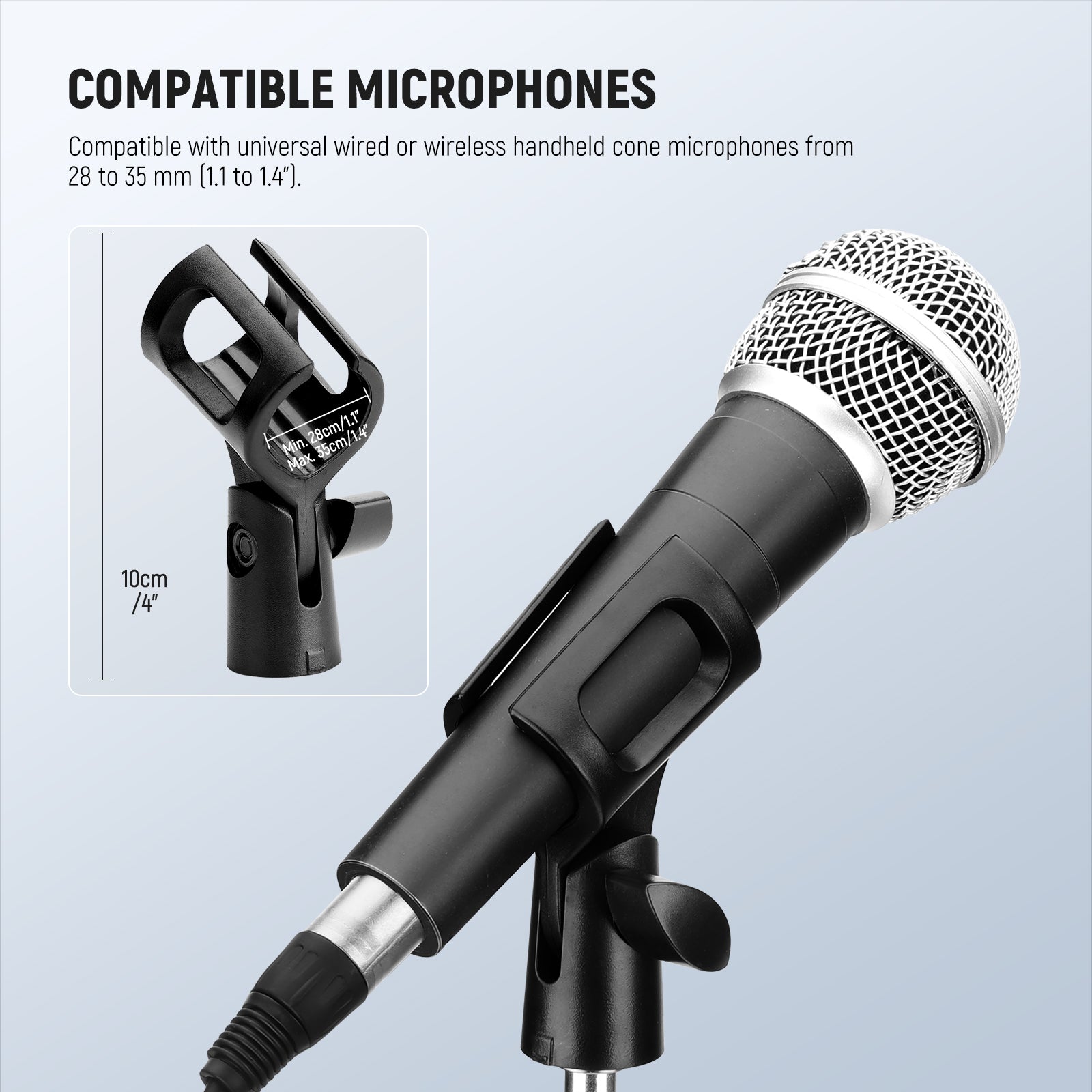 The microphone clip is compatible with universal wired or wireless handheld cone mics from 28 to 35mm.