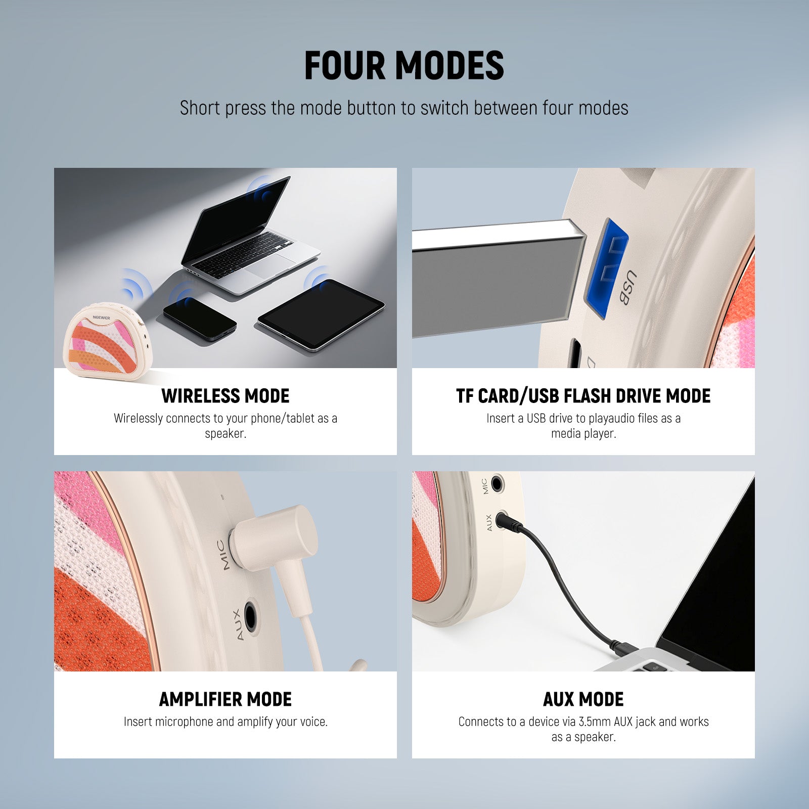 this device doubles as a standalone speaker and supports 3 modes