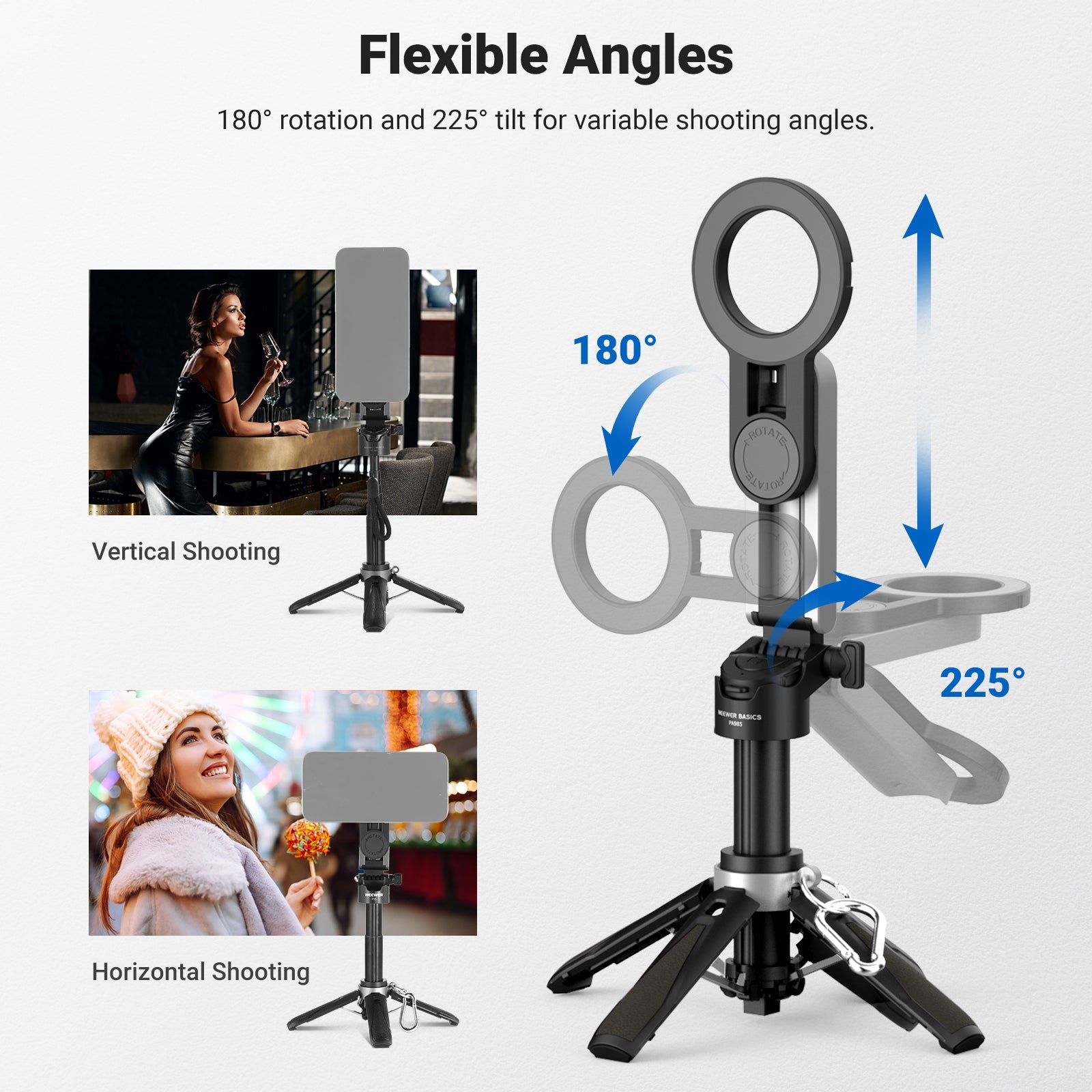 NEEWER PA985 3 in 1 Magnetic Selfie Stick Tripod supports 180° rotation and 225° tilt for various shooting angles.