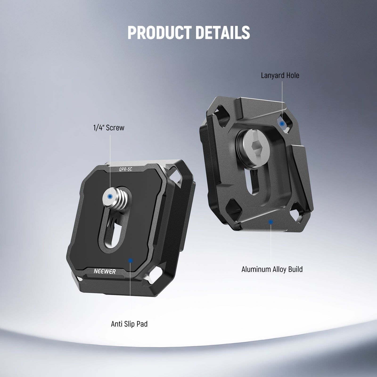 Product details of the NEEWER QPR-5C 2 Pack Arca Type Quick Release Plate
