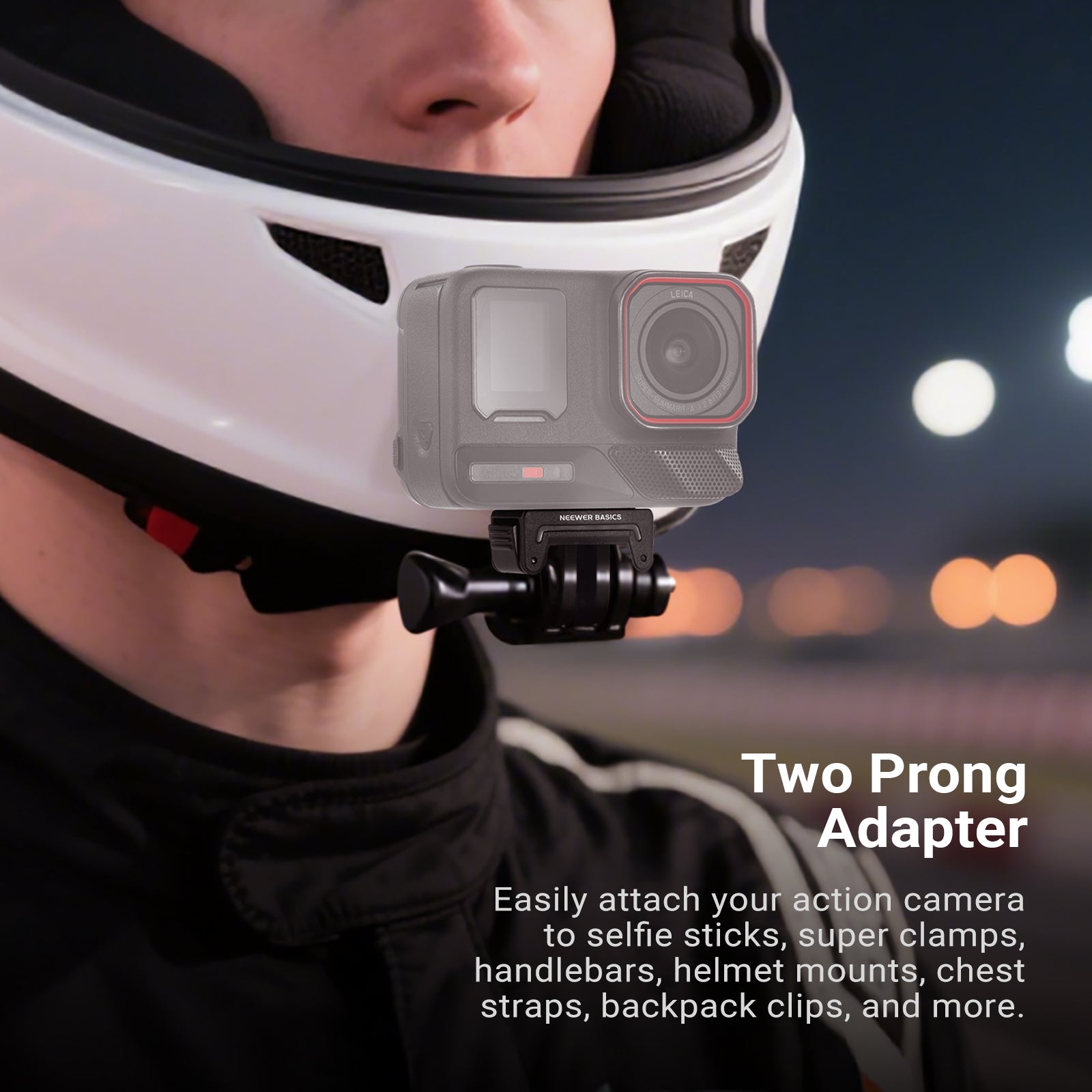 With a two prong adapter, the action camera mount is for tripods, selfie sticks, and more with a 3 prong mount and locking screw.