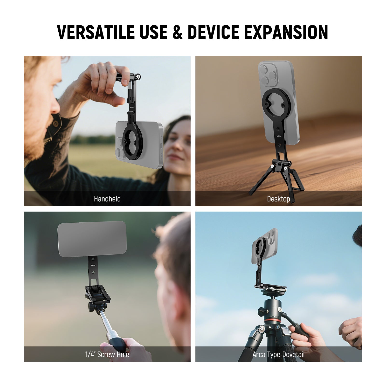 You can attach the phone holder to a selfie stick via a 1/4" thread.