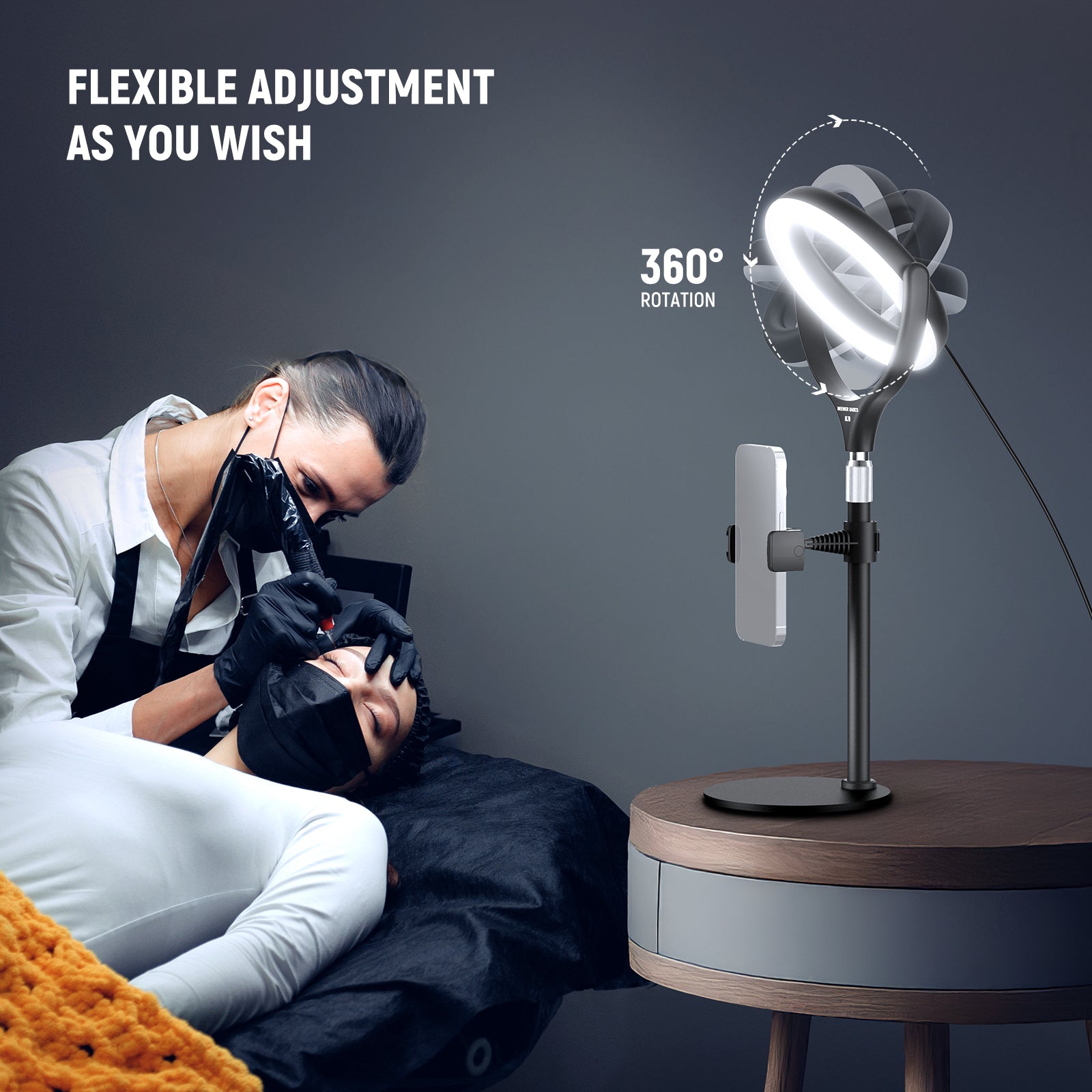 The included desk stand is flexible to adjust.