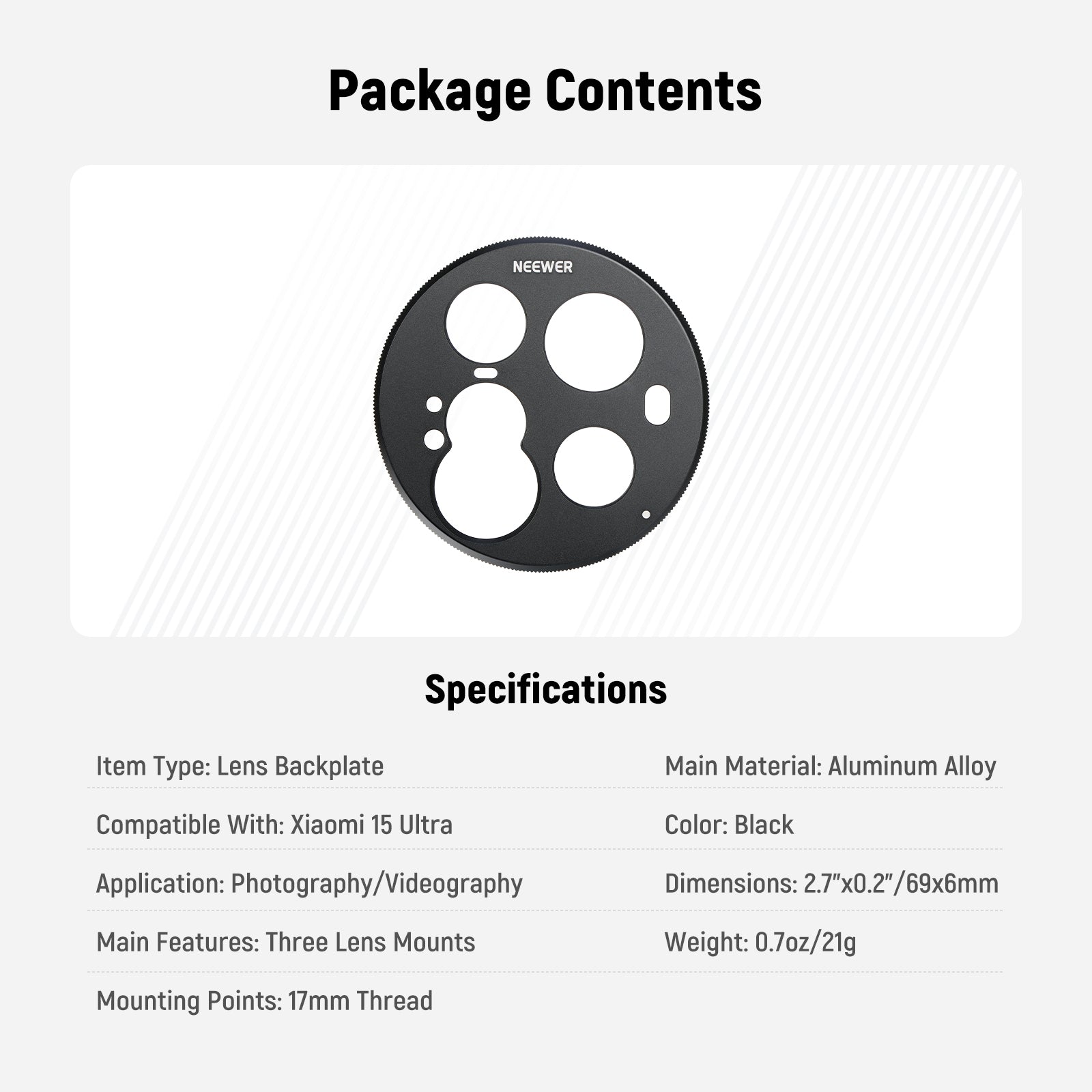 Package Contents of the NEEWER PA111 Lens Backplate for Xiaomi 15 Ultra