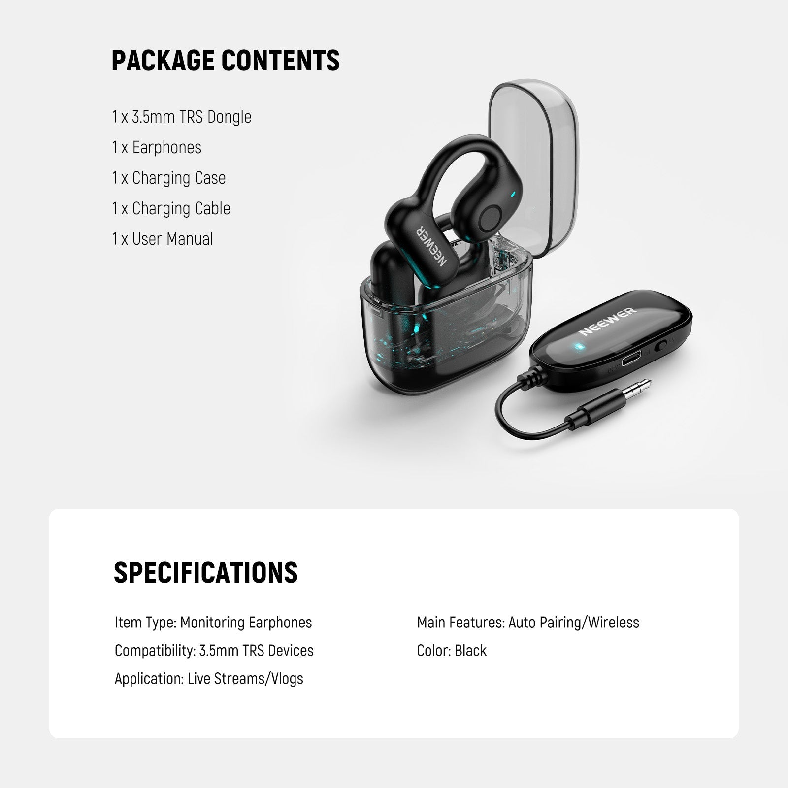 Package Contents of the NEEWER EB01 OWS Wireless Monitoring Earphones Kit