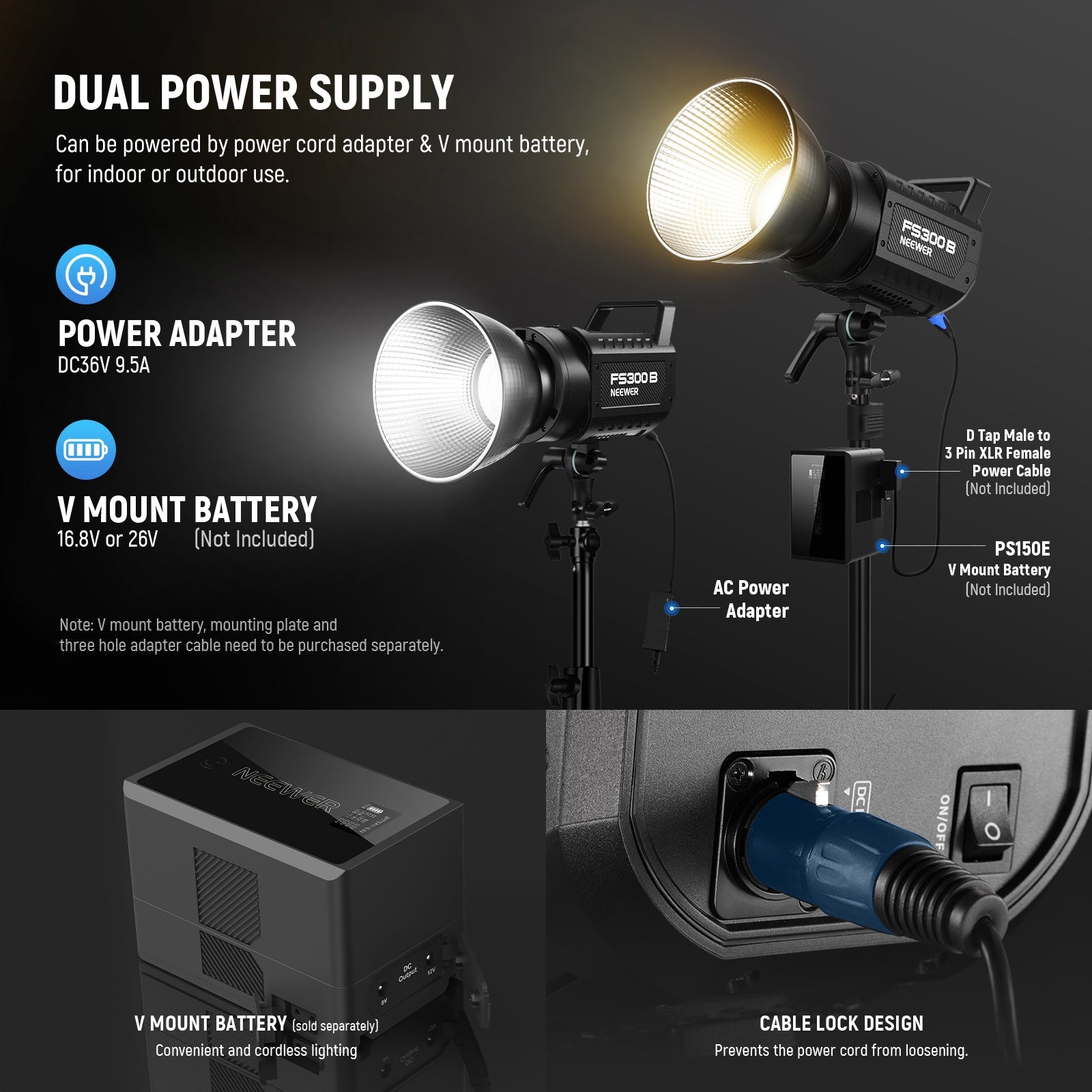 NEEWER FS300B Bi-Color LED Video Light can be powered by the power adapter and power cord for continuous running.