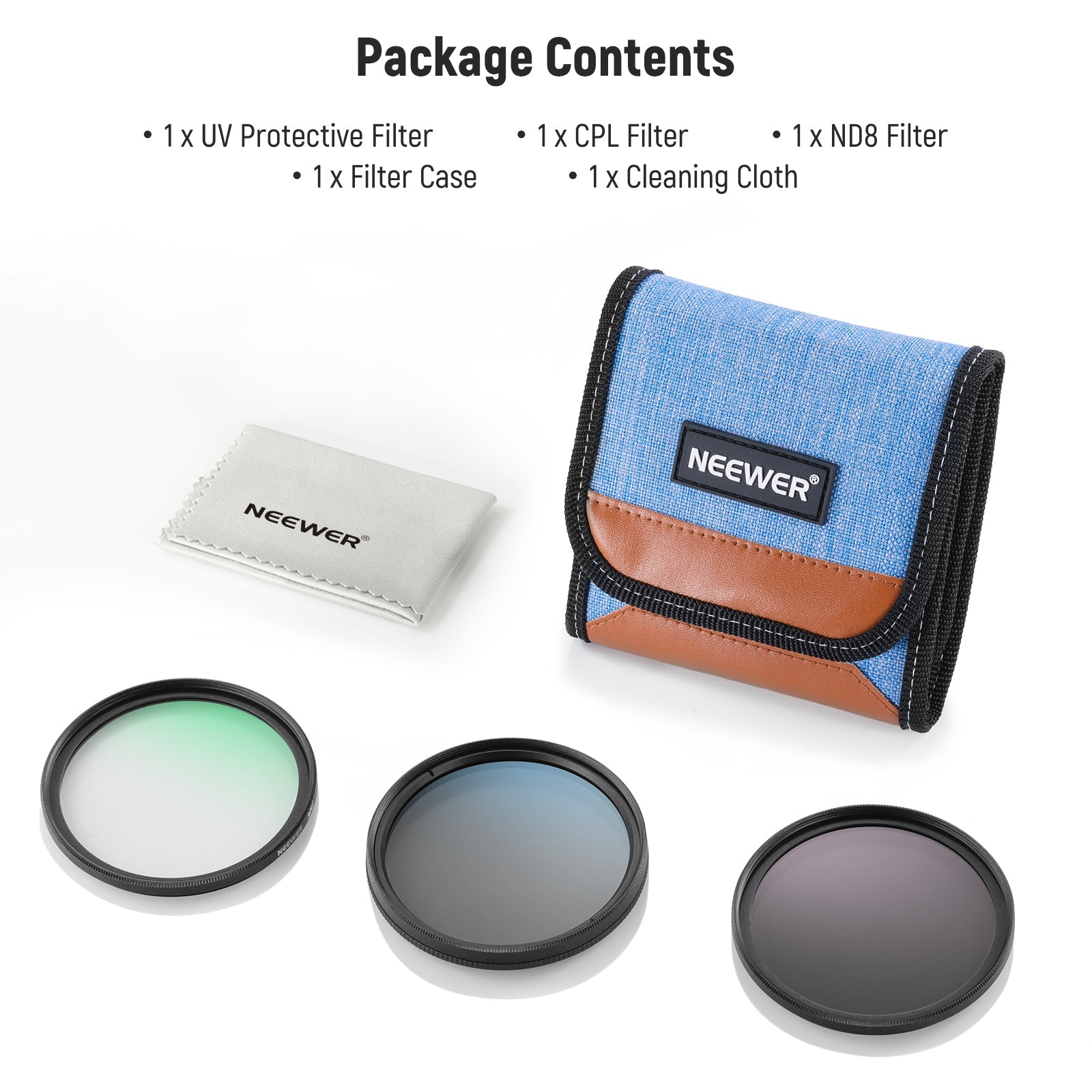 Package Contents of the NEEWER UV/CPL/ND Lens Filter Kit