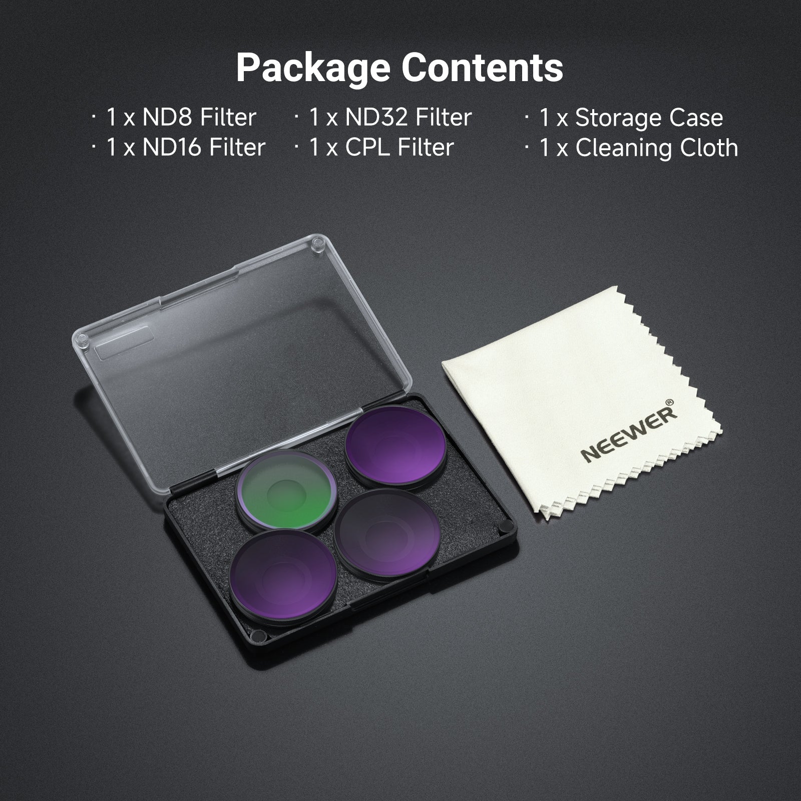 This package includes three ND filters, an CPL filter, a storage case and a cleaning cloth.