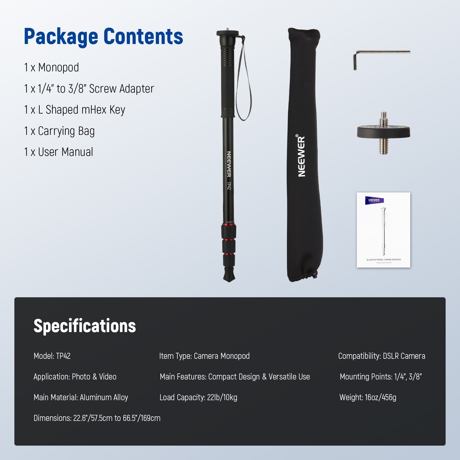 Specifications of the NEEWER TP42 66.5" Camera Monopod