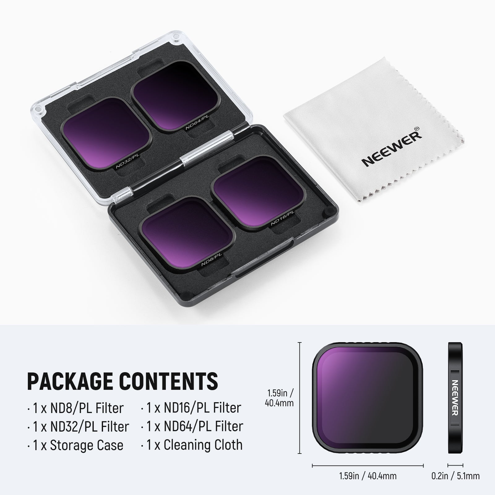 Package Contents of the NEEWER 4 Pack Filter Set For Insta360 Ace Pro/Ace Pro 2(ND8/PL+ND16/PL+ND32/PL+ND64/PL)