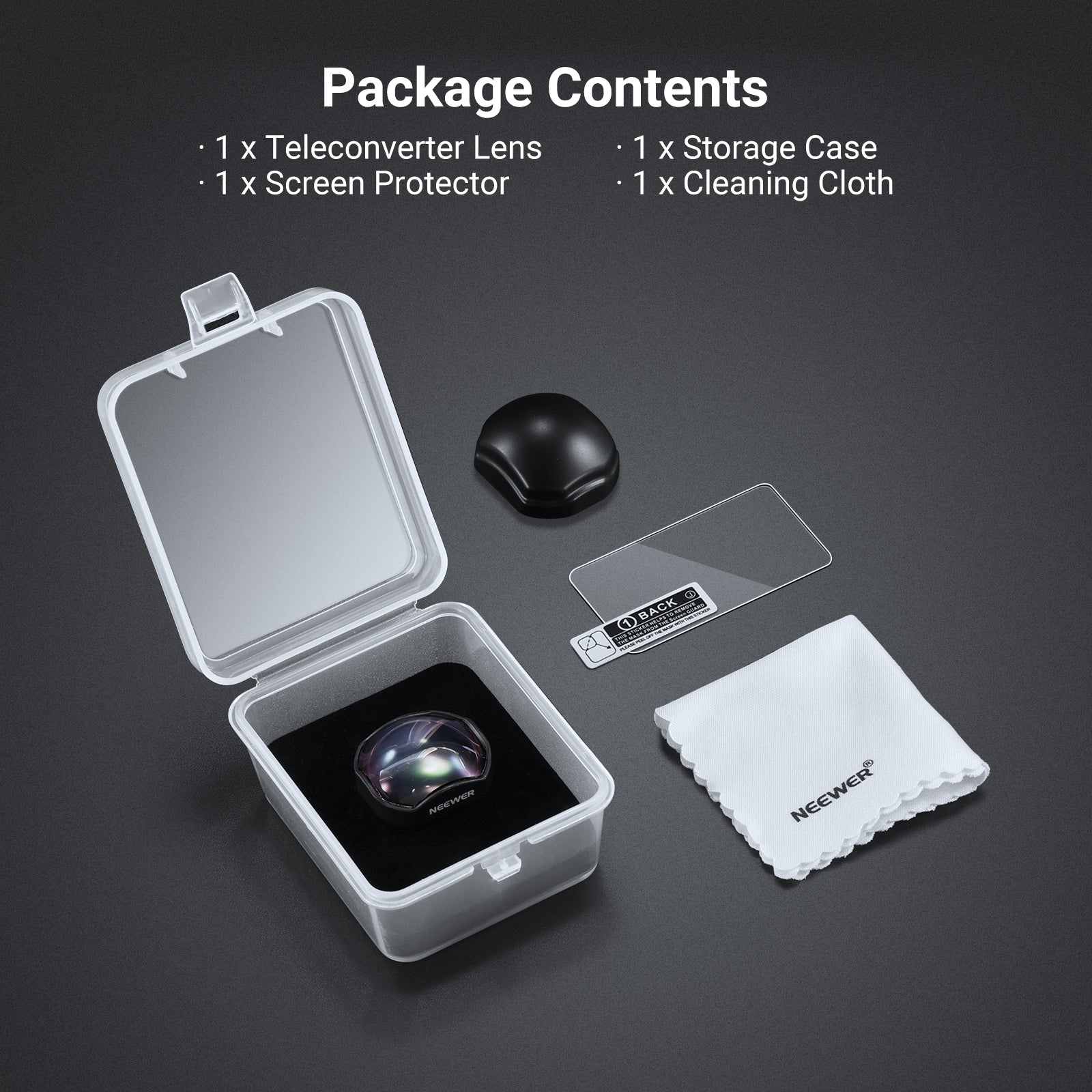 This package includes a teleconverter lens, a screen protector, a storage case, and a cleaning cloth.