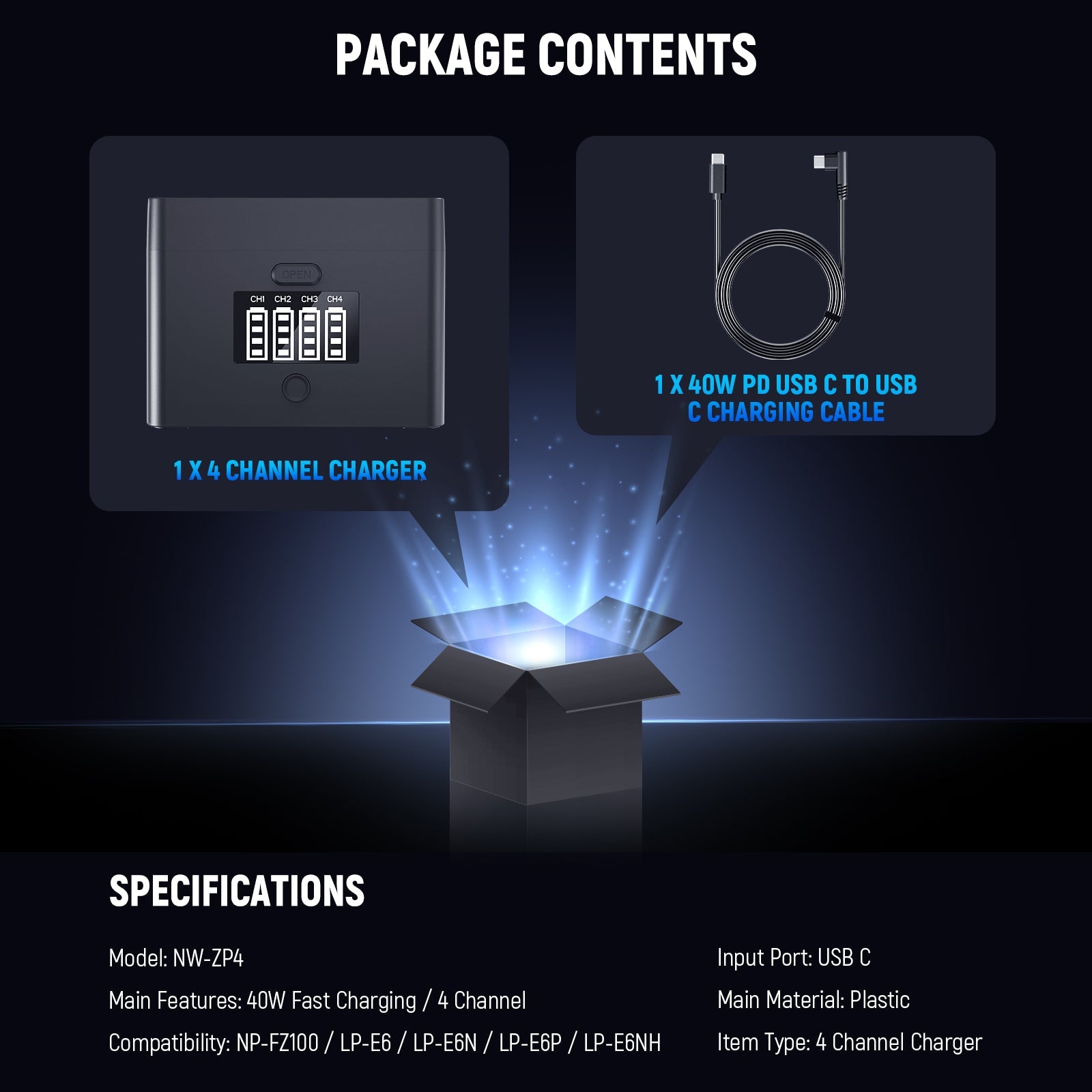 Specifications of the NEEWER NW-ZP4 2-in-1 Four Channel USB Battery Charger