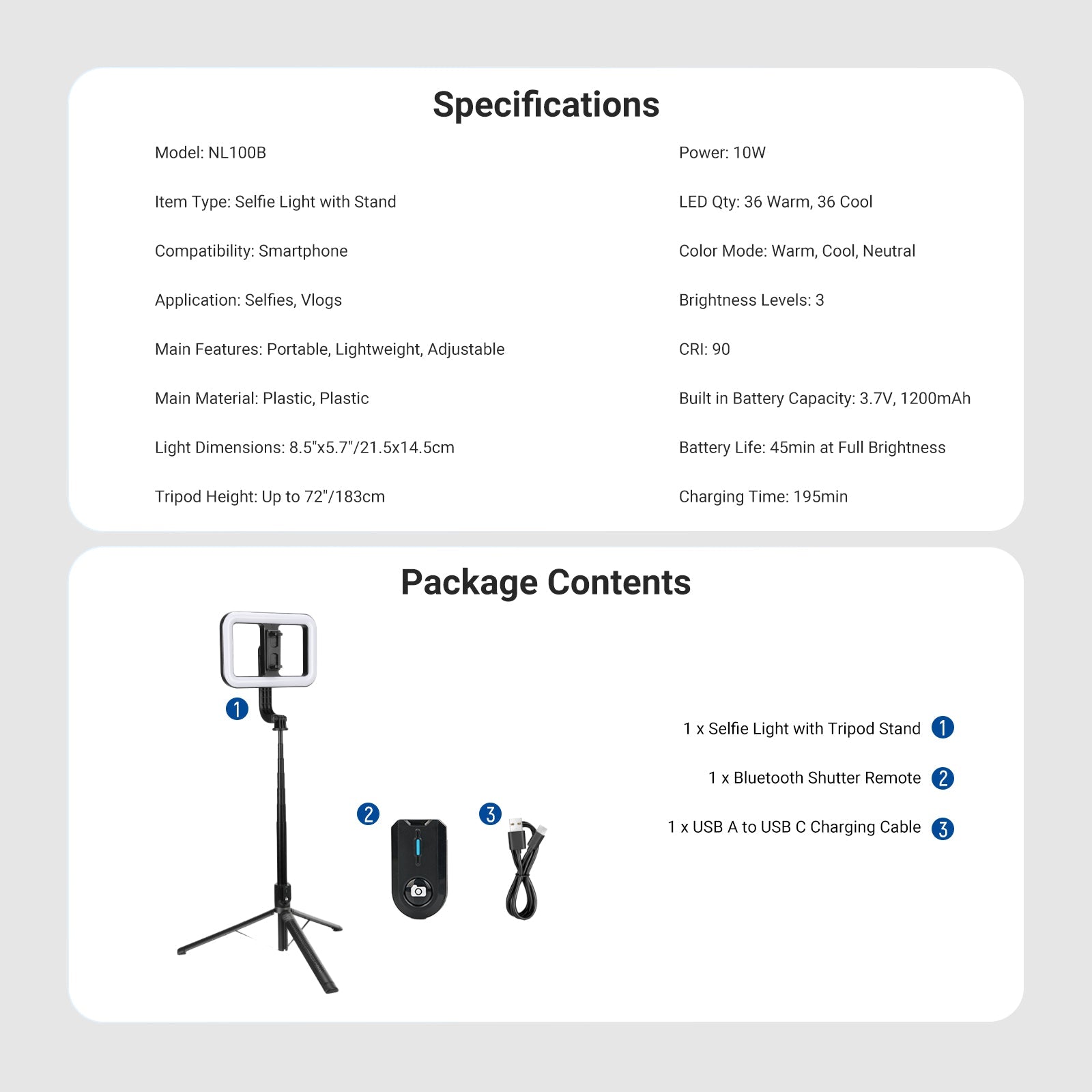 This package includes a Selfie Light with Tripod Stand, a Bluetooth Shutter Remote, and a charging cable.