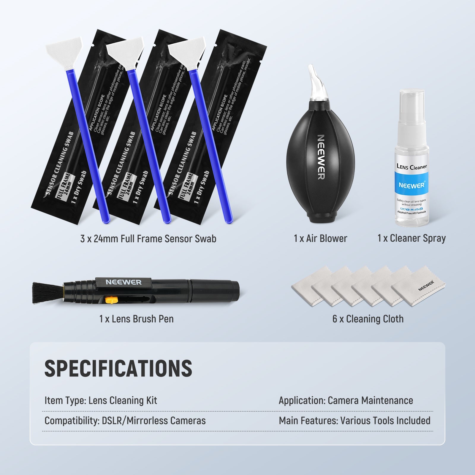 This package includes a 1 x Lens Brush Pen, 1 x Air Blower, 1 x Non-Alcohol Cleaner Spray, 3 x Cleaning Swabs fora 24mm Full Frame Sensor, and 6 x Cleaning Cloths.