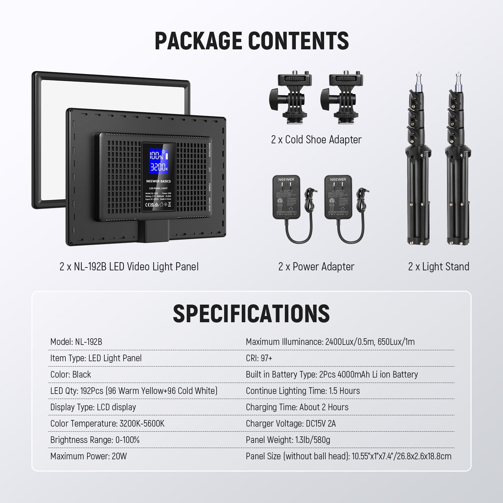 Package Contents of the NEEWER NL-192B 2 Pack Bi Color LED Video Panel Light Kit