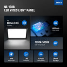 The 9" LED video key light features 120 high performance LEDs