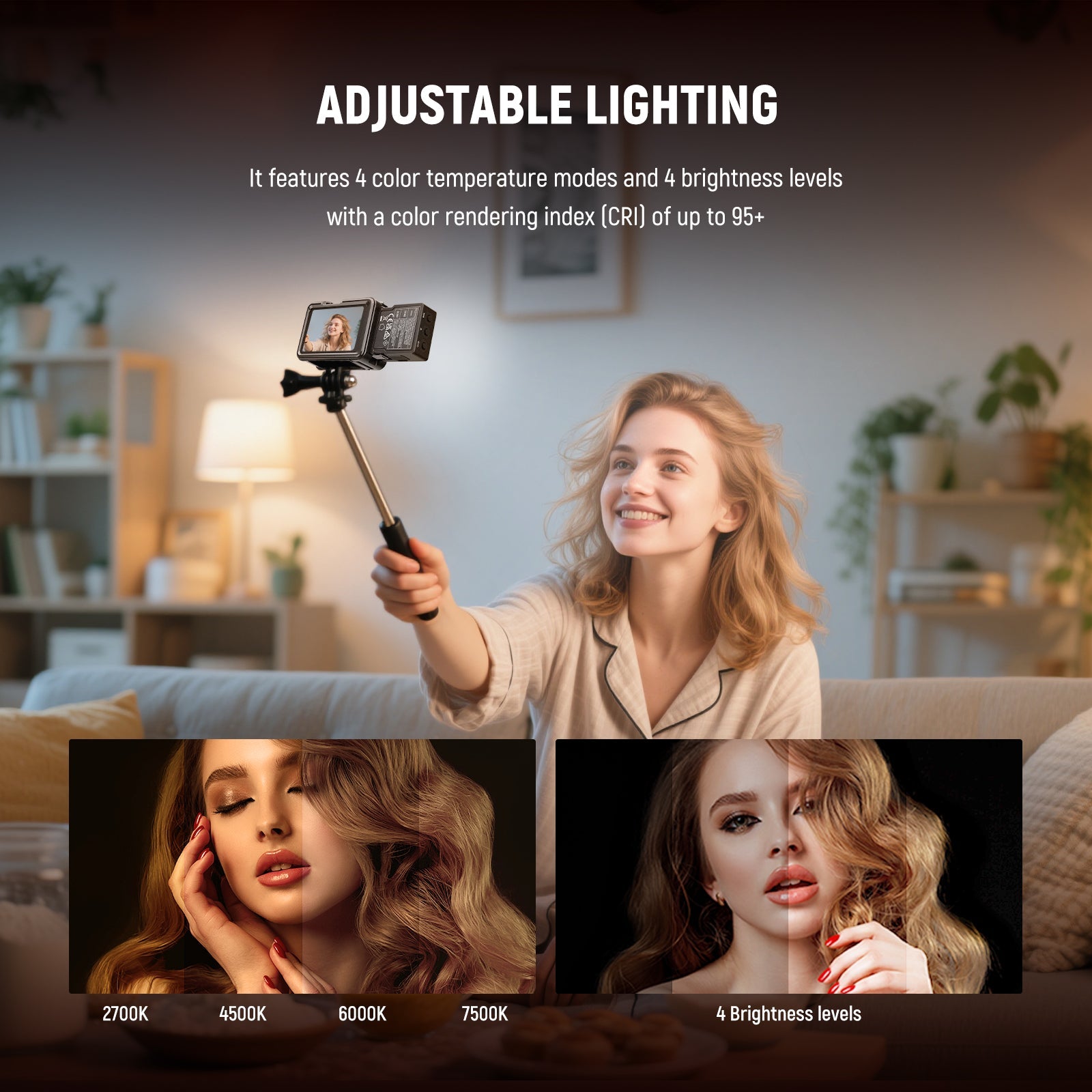 The small LED panel fill light attachment features 4 color temperature modes and 4 brightness levels.