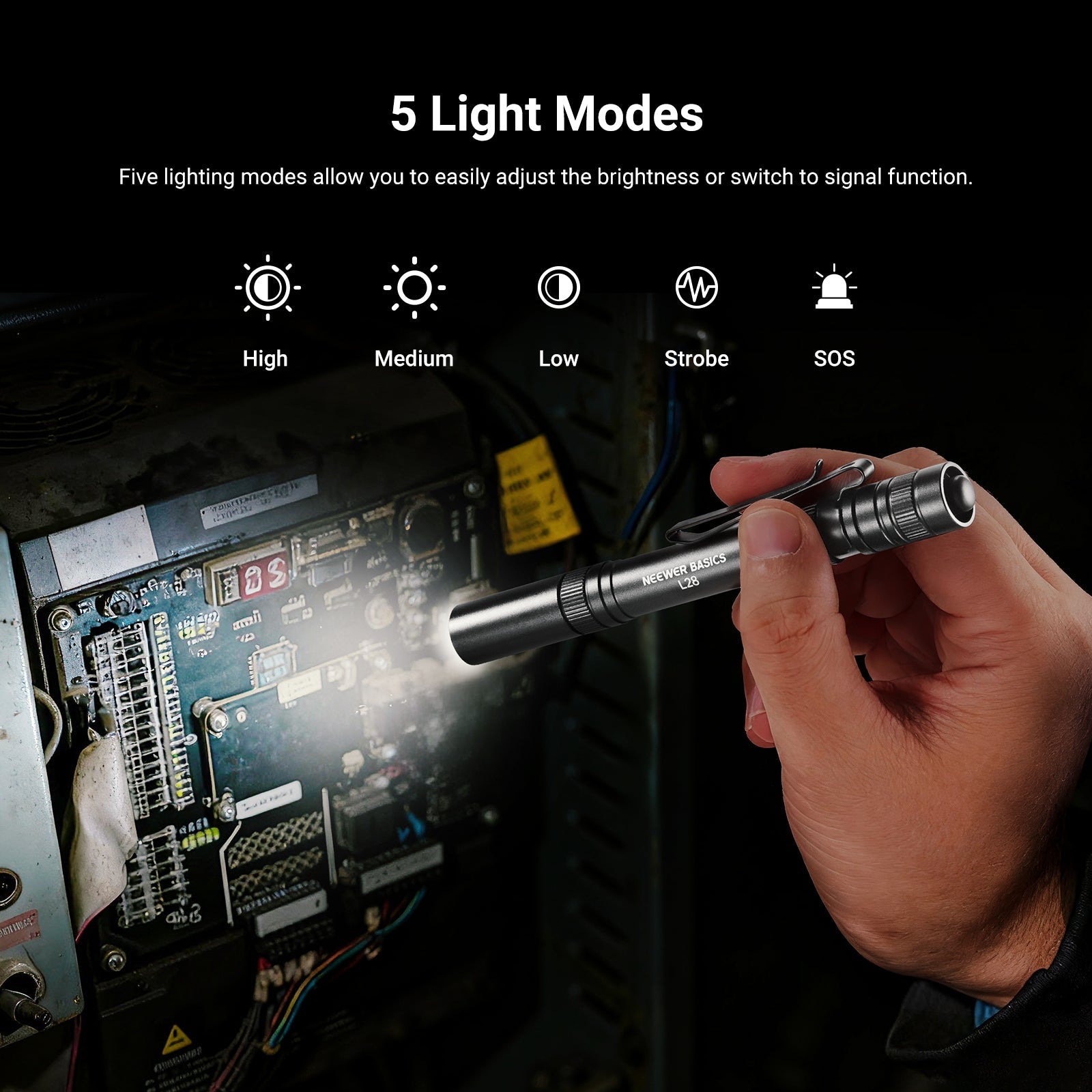 This mini EDC flashlight gadget gives 5 light modes including High, Medium, Low, Strobe, and SOS.