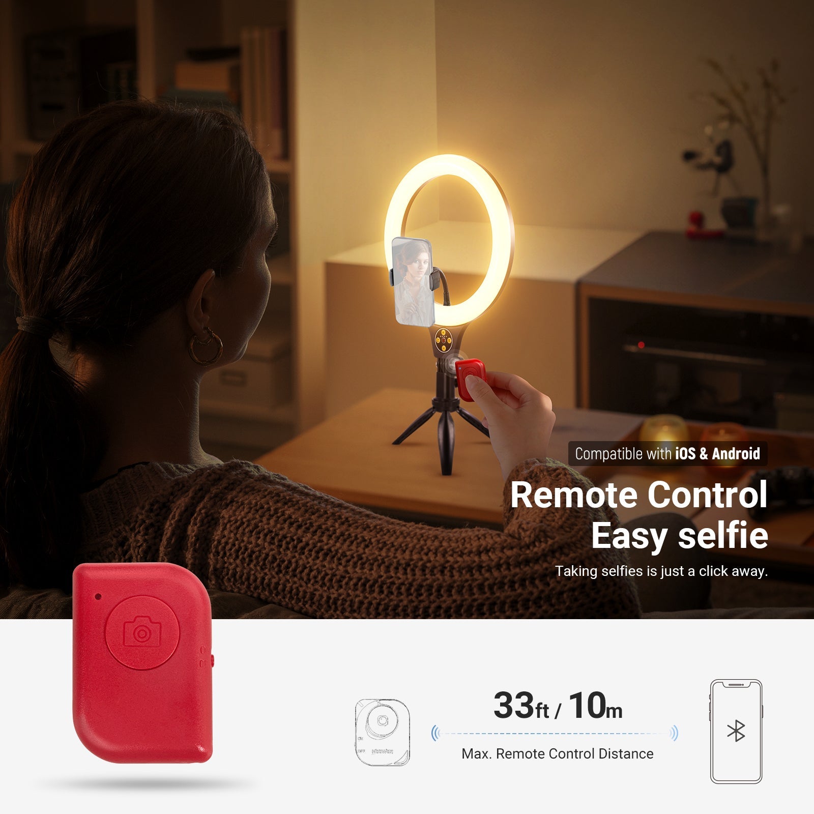 NEEWER N25 Desk Ring Light Kit includes a remote shutter for phone