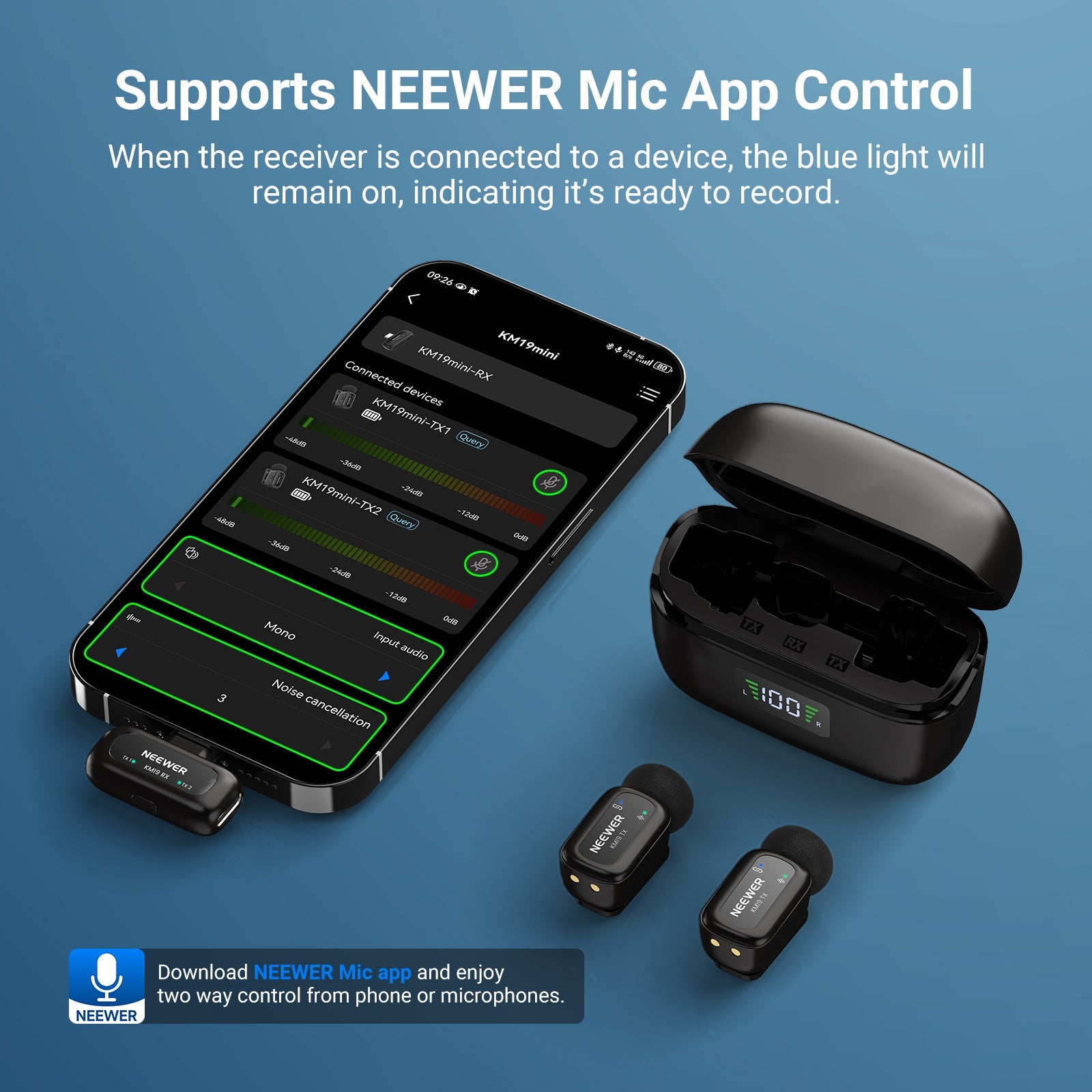 NEEWER KM19 Mini Clip On Wireless Lavalier Microphone supports NEEWER APP control.