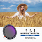 This versatile 3-in-1 camera lens filter combines features of variable ND, CPL, and black diffusion filters