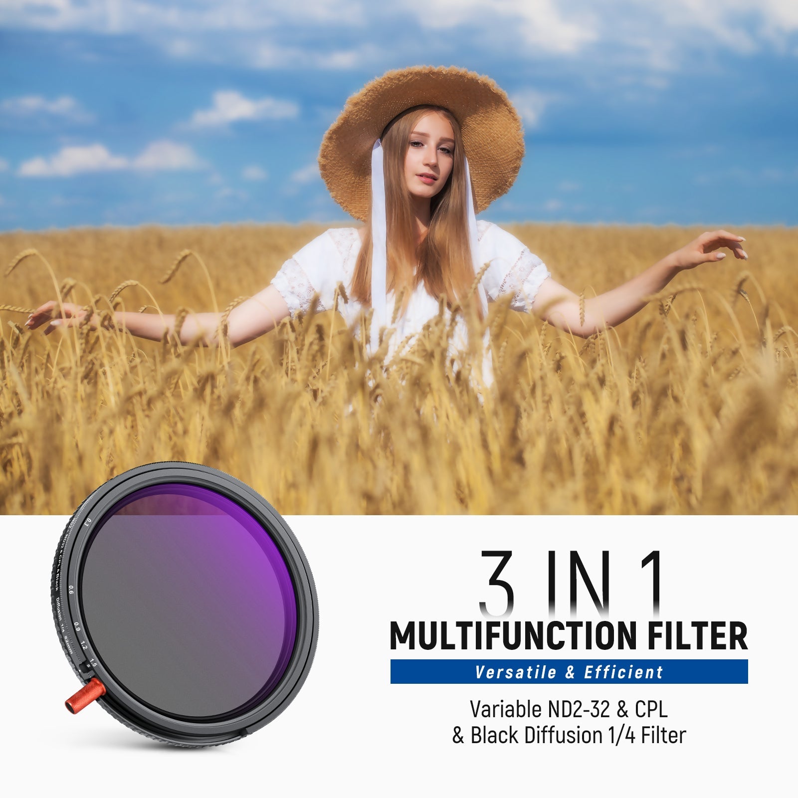 This versatile 3-in-1 camera lens filter combines features of variable ND, CPL, and black diffusion filters