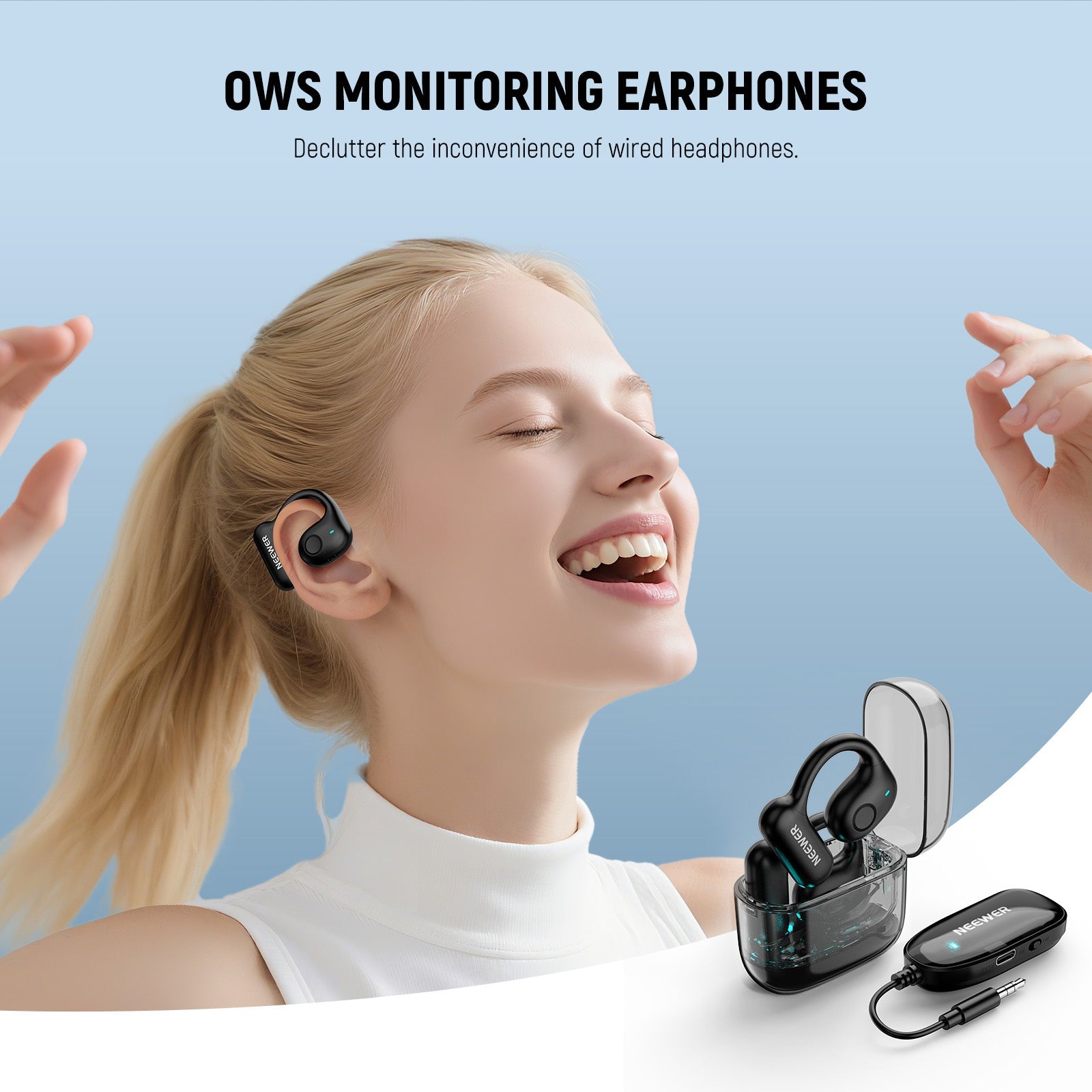 This OWS wireless monitoring earphones declutter the inconvenience of wired headphones