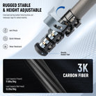 The portable camera tripod stand features carbon fiber leg tubes