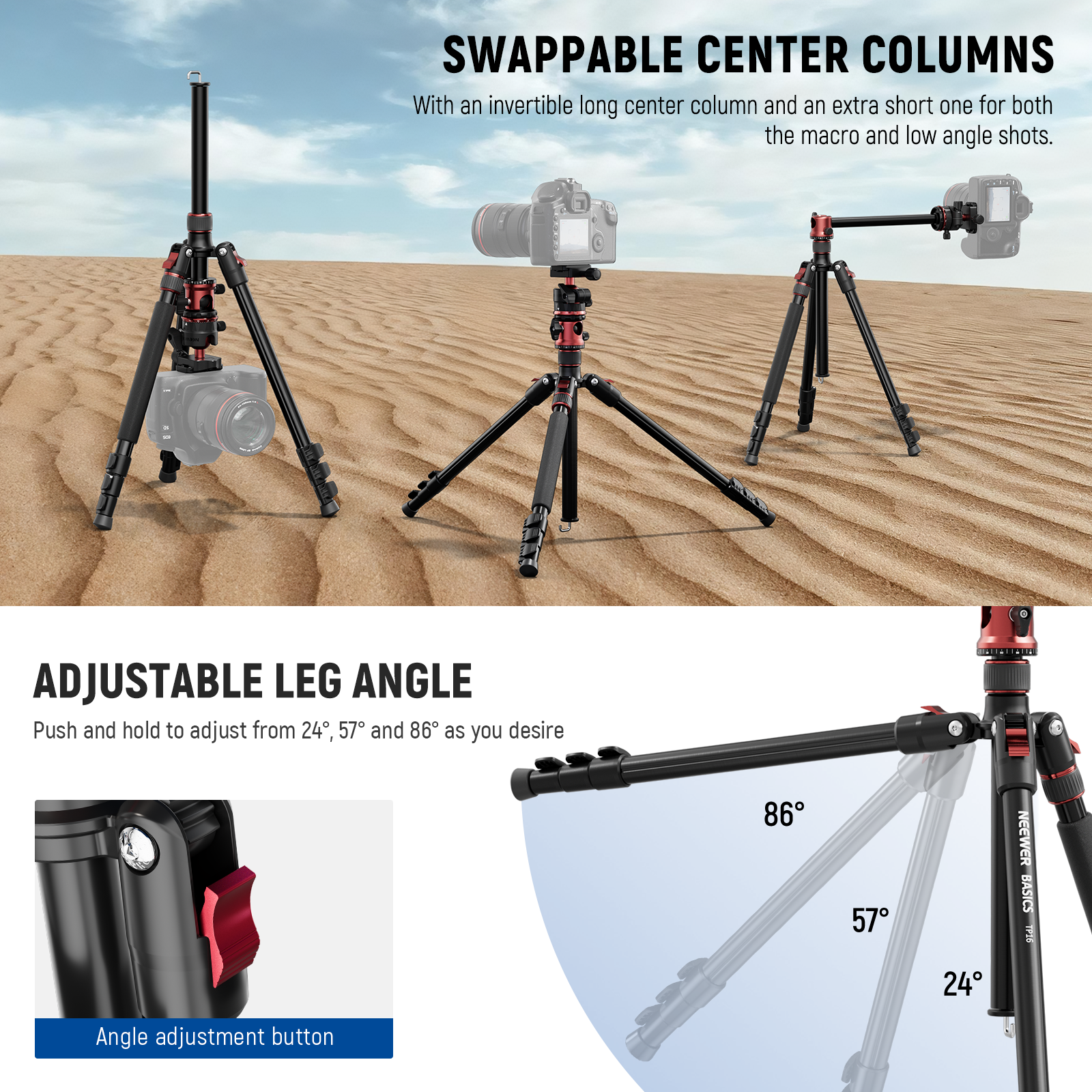 The camera phone tripod mount features 2 section center column for 180° tilt and 360° horizontal shots.