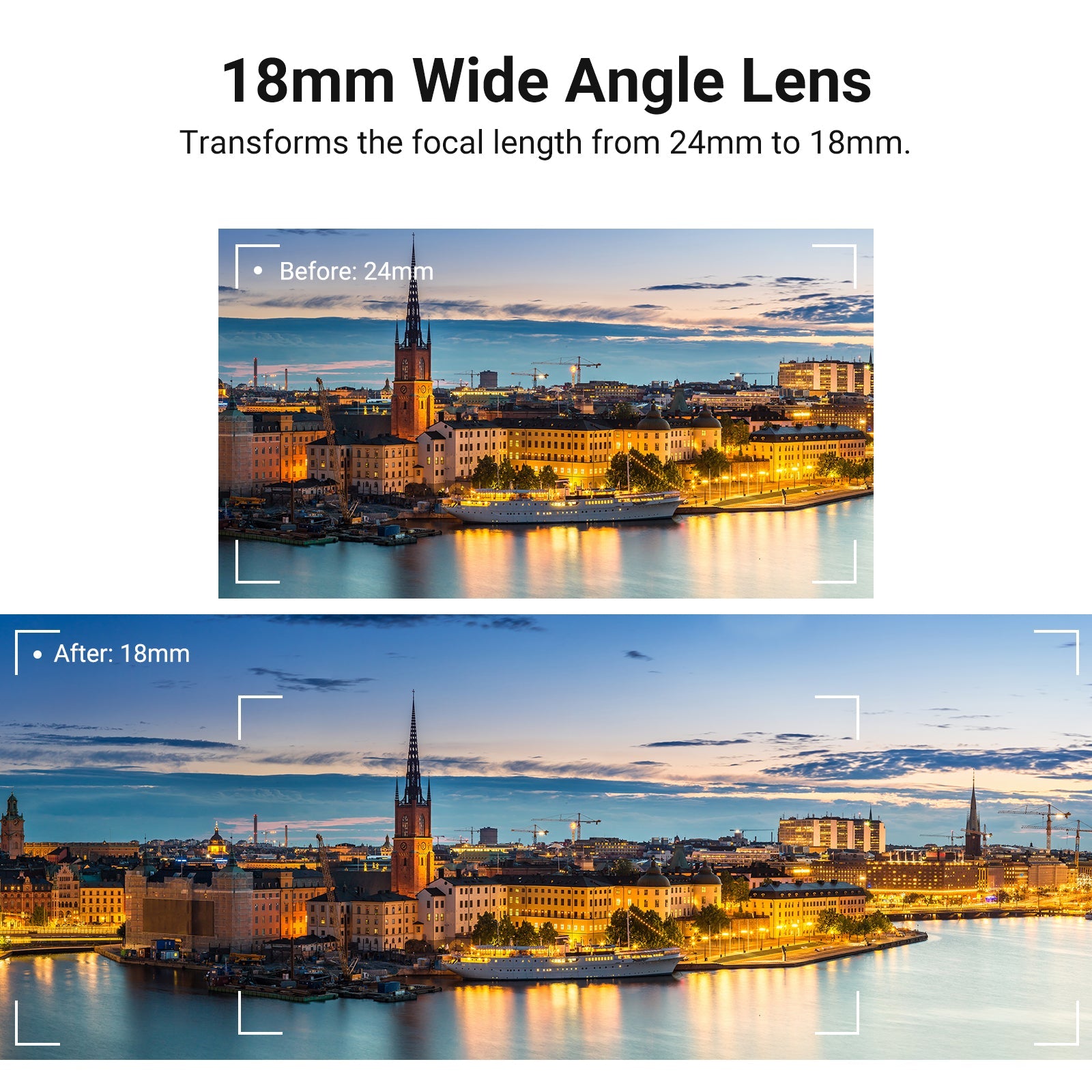 NEEWER 18mm wide angle lens tranforms the focal length from 24mm to 18mm.