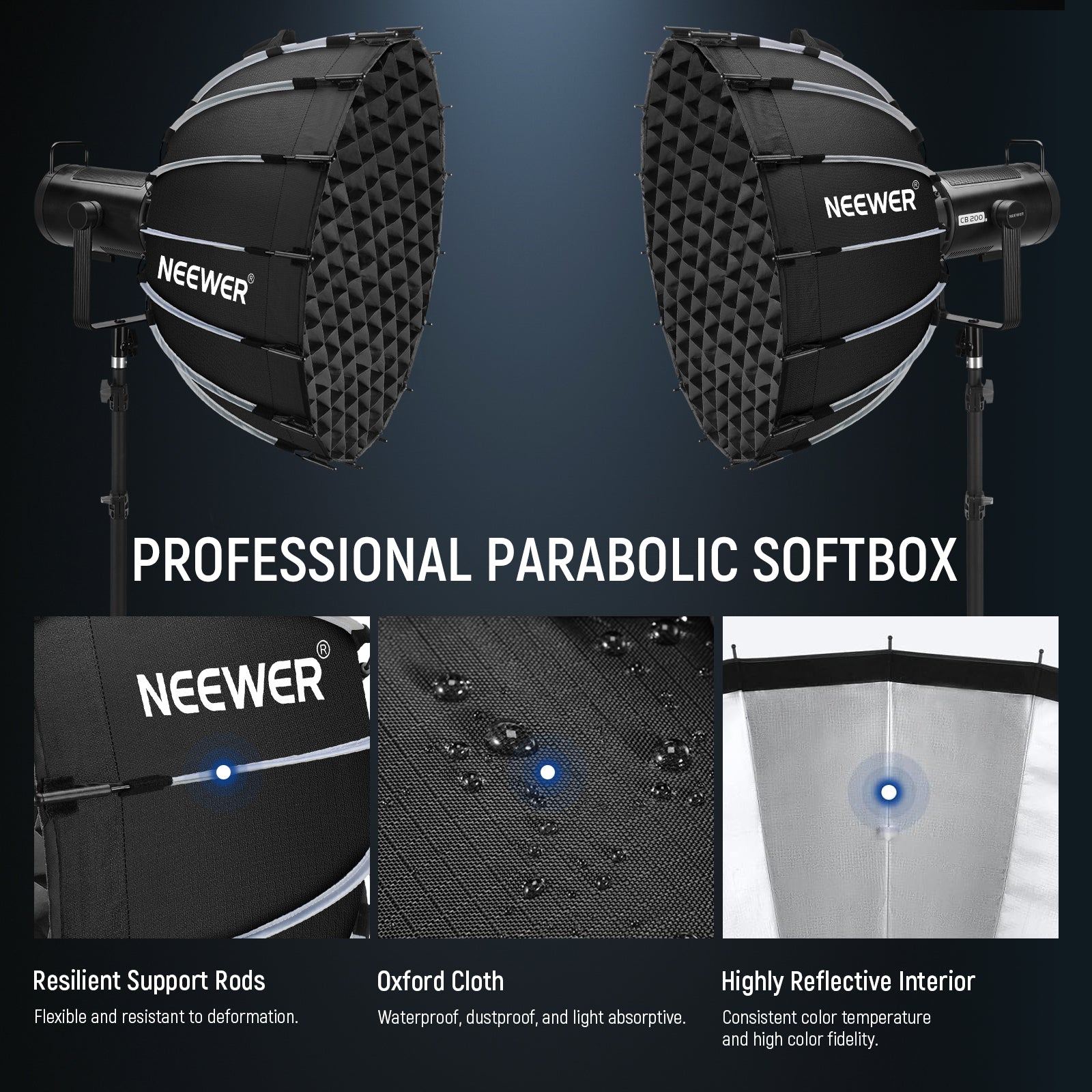 NEEWER NS71P Professional Parabolic Softbox features highly reflective interior.