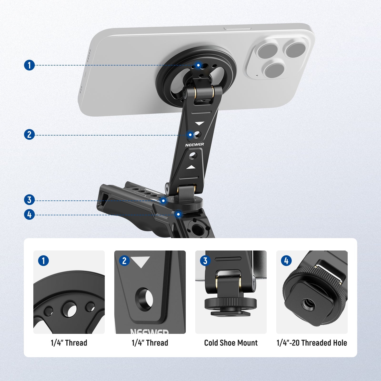 The tripod phone holder comes with several 1/4" standard threaded holes
