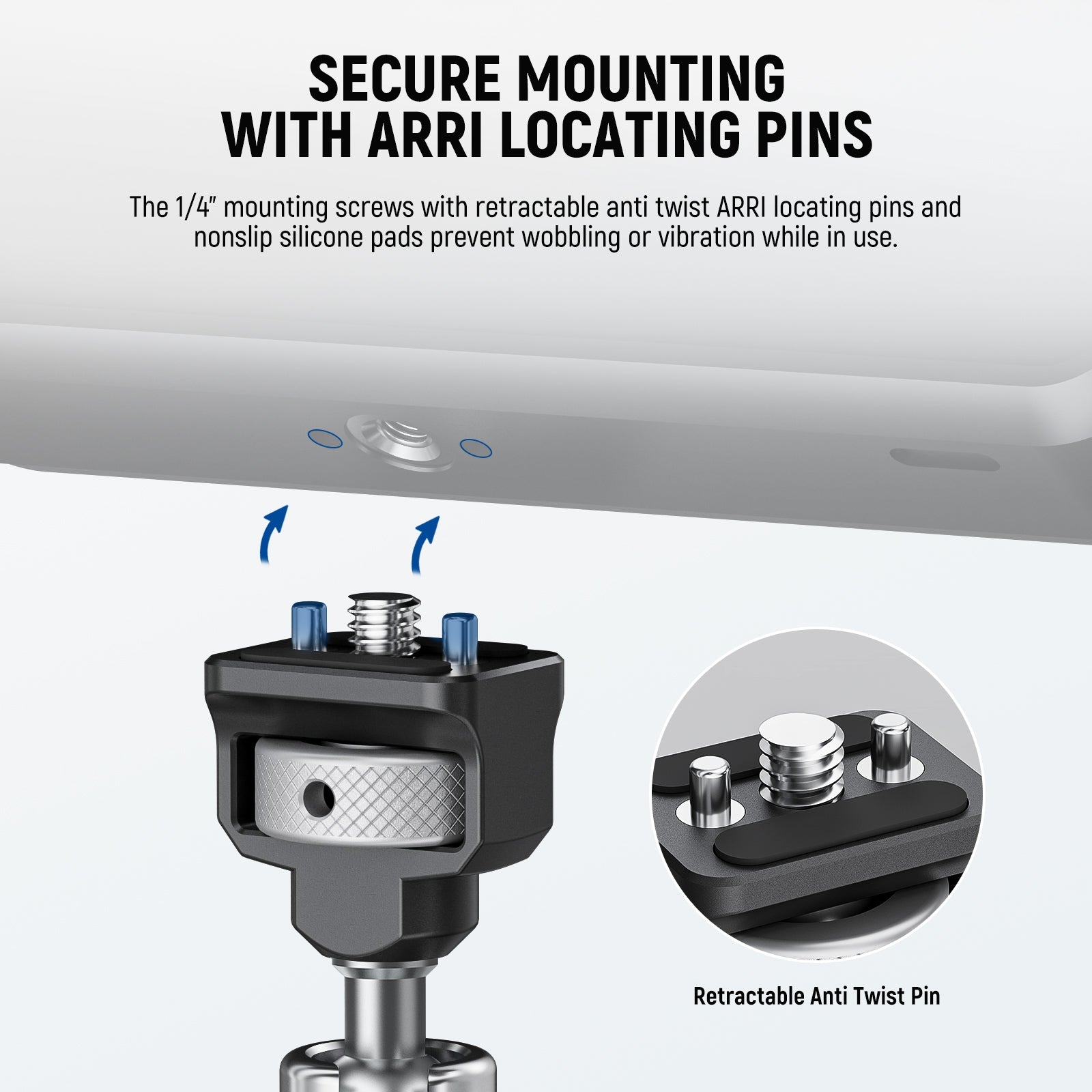 Each magic arm features retractable anti twist pins at the top