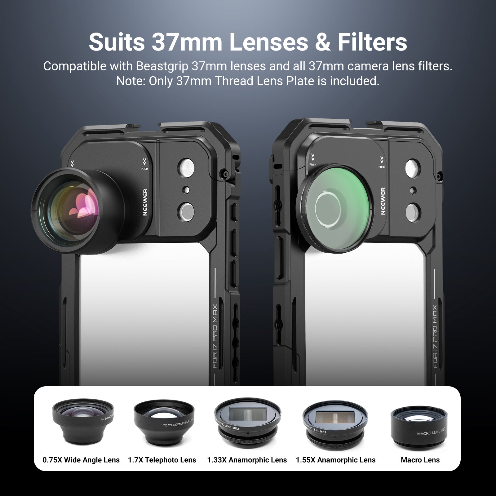 NEEWER PA152 Backplate for iPhone 17 Pro/Pro Max Phone Cage suits 37mm lenses and filters.