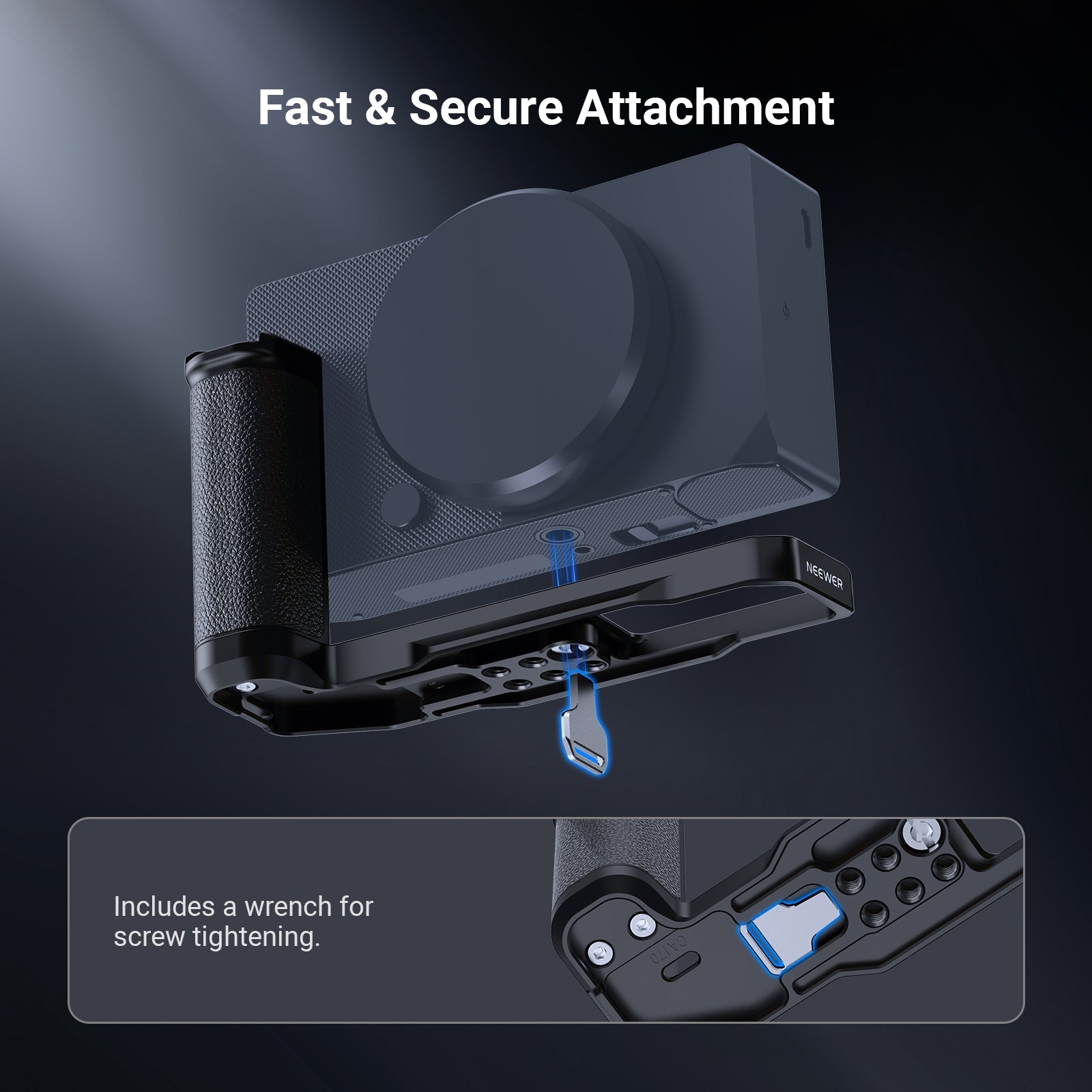 Connects to the camera via a 1/4" screw, with a locating pin for extra security. Rubber pads protect against scratches.