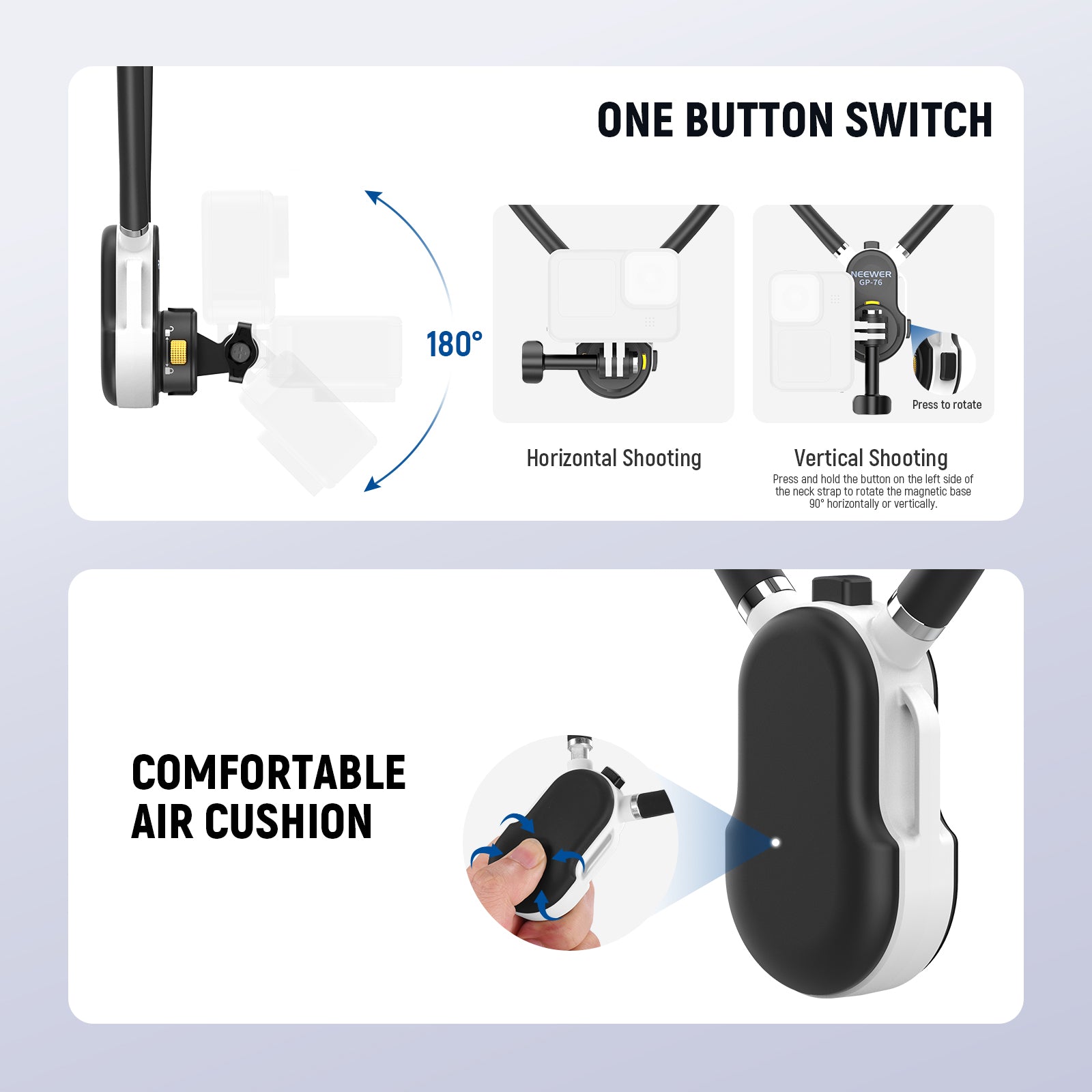 The neck strap features a 1 click mounting mechanism.