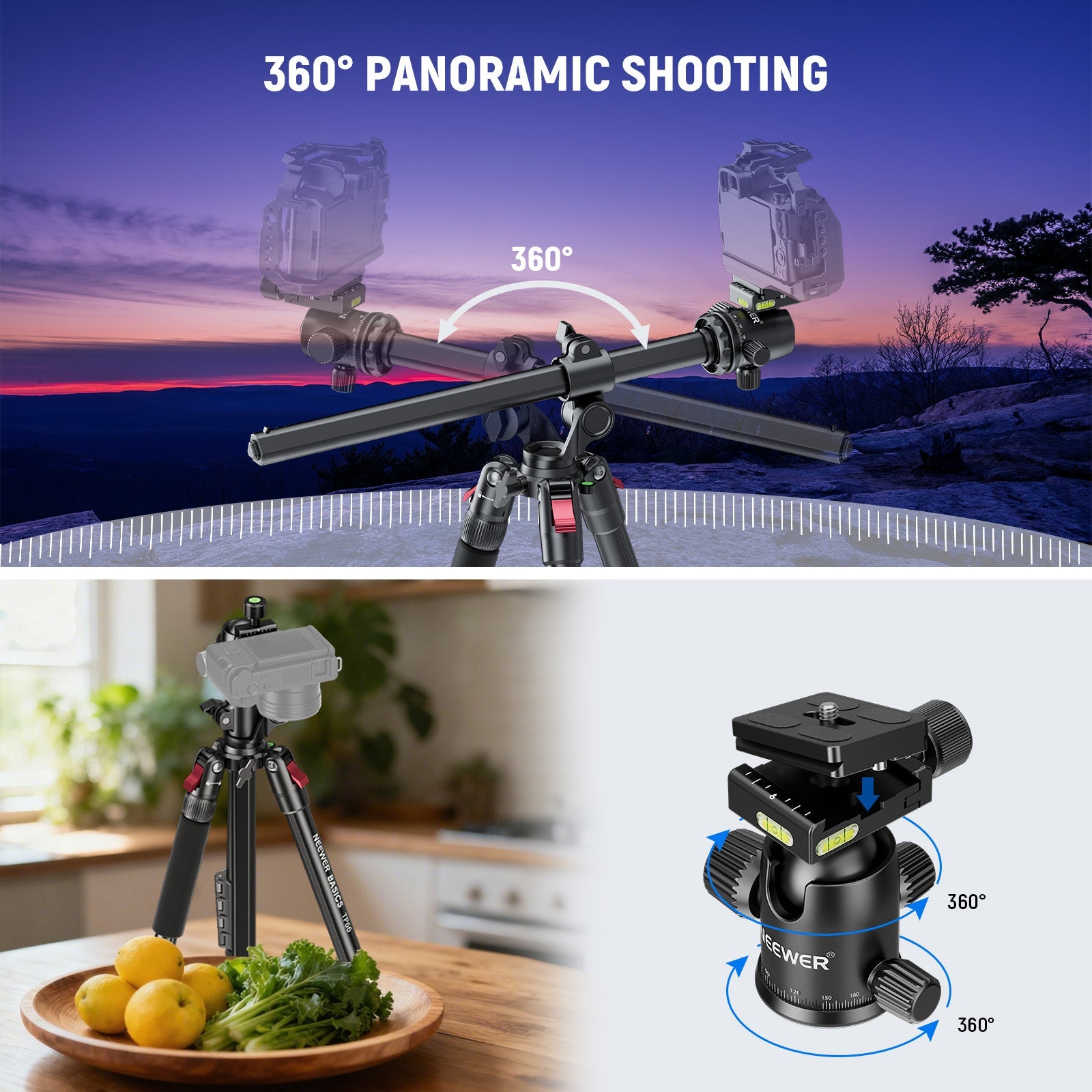 The center column tilts 180° and rotates 360° via locking knobs