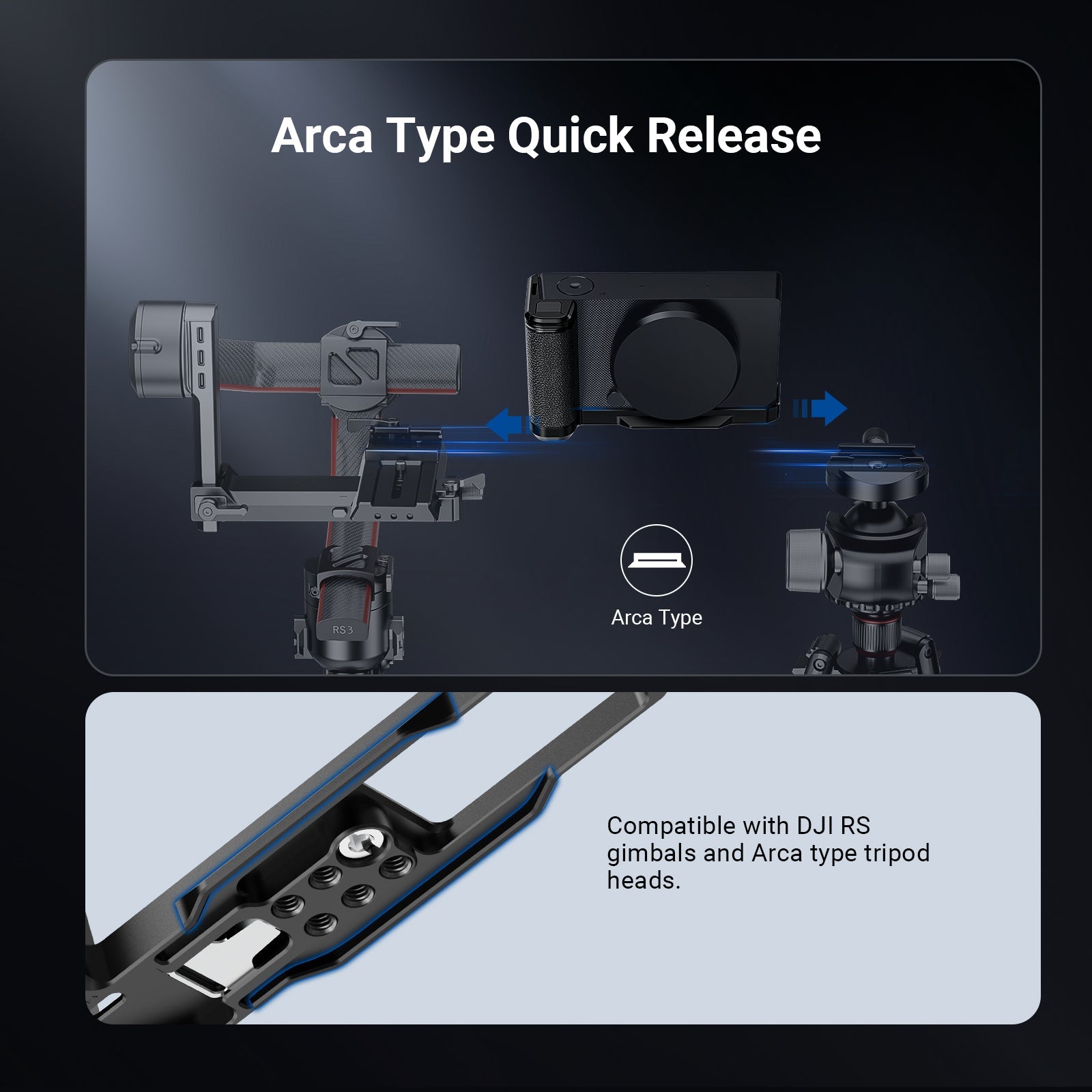 Quick release baseplate bracket is compatible with Arca type tripod heads for swift and secure attachment.