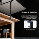 The cell phone stand with a C clamp fits desks up to 6cm, with the weighted metal base and non slip rubber pads for stability.