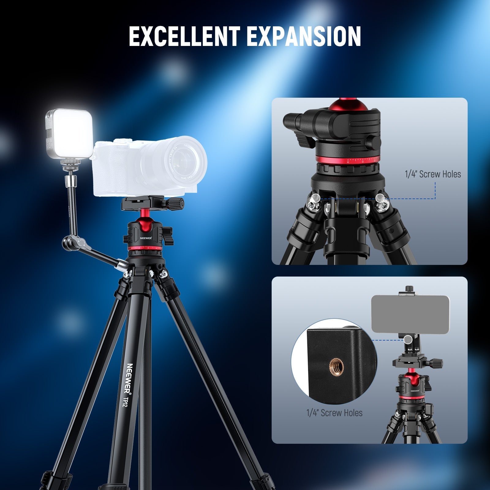 NEEWER TP12 Aluminum Alloy Compact Travel Tripod enables more flexible accessory mounting