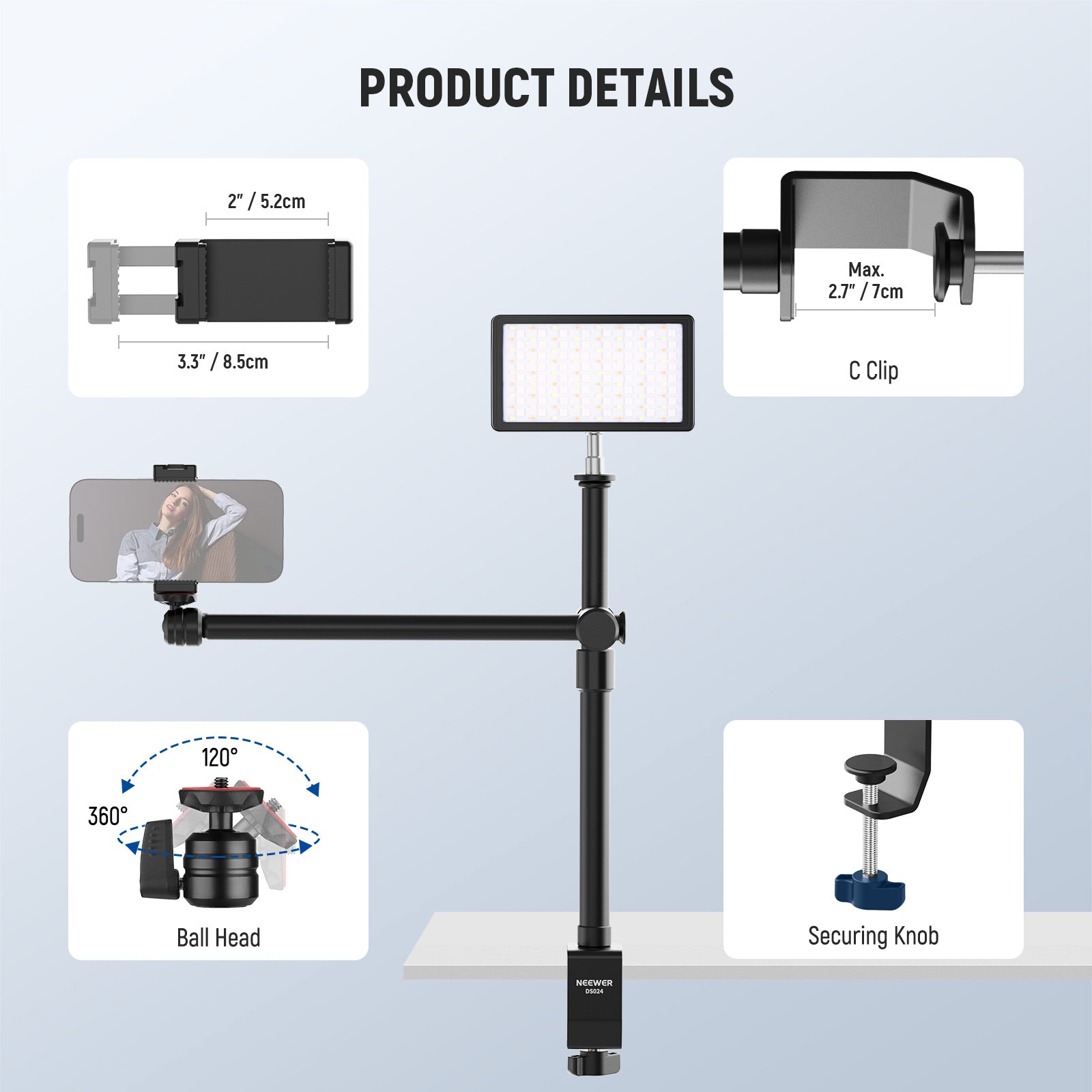 Product details of the NEEWER DS024 Flexible Overhead Camera Table Stand