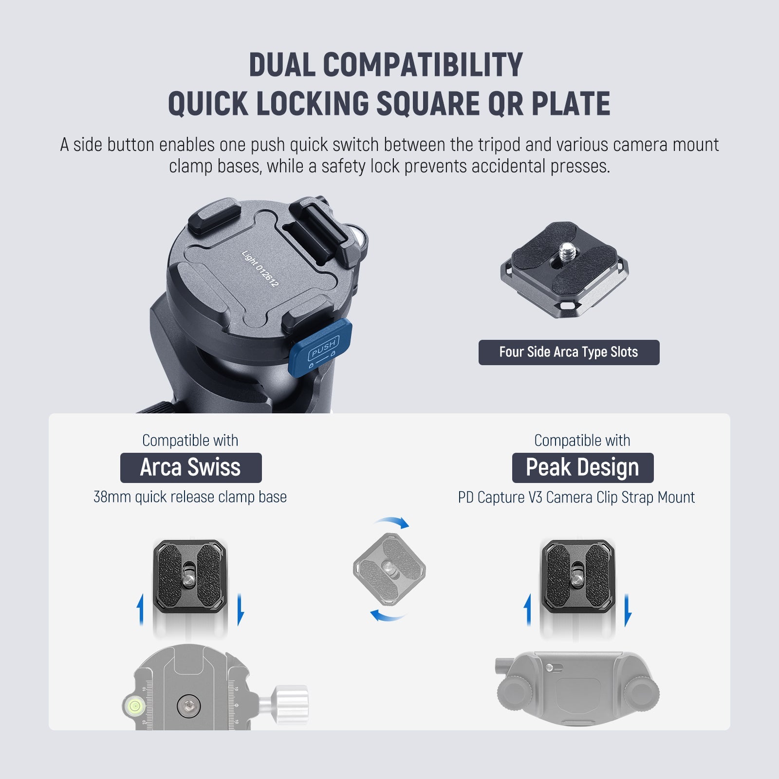 NEEWER LT34 Carbon Fiber Compact Travel Tripod features the Arca type quick release plate