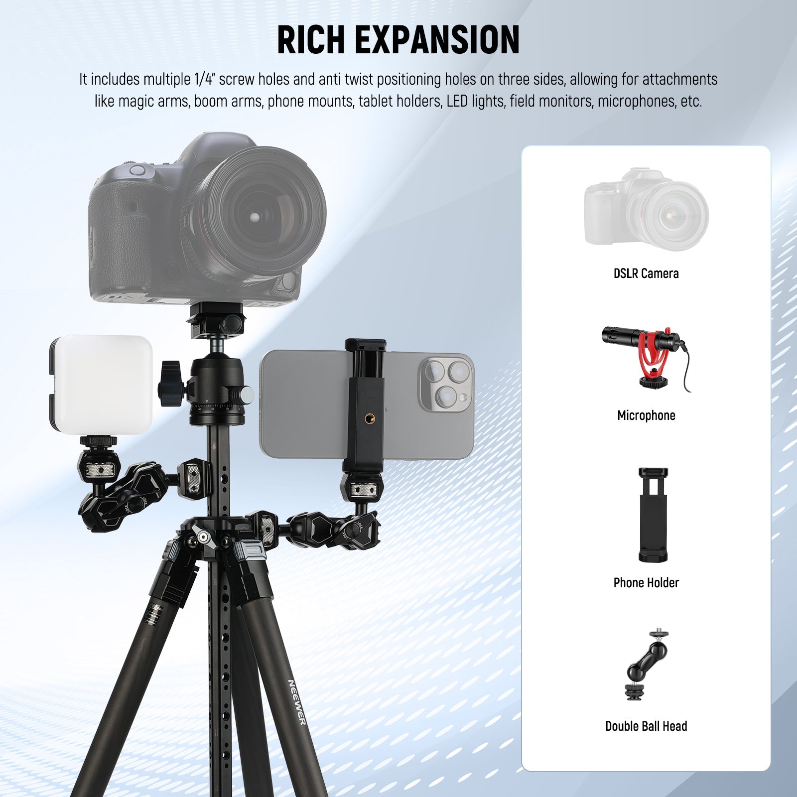 NEEWER LT36 Carbon Fiber Tripod includes multiple 1/4" screw holes and anti twist positioning holes on three sides