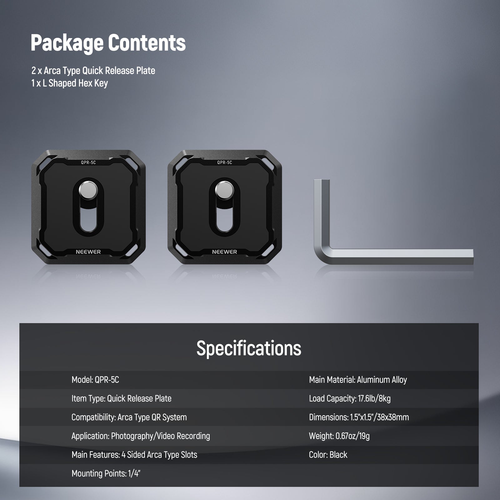 Package Contents of the NEEWER QPR-5C 2 Pack Arca Type Quick Release Plate Kit